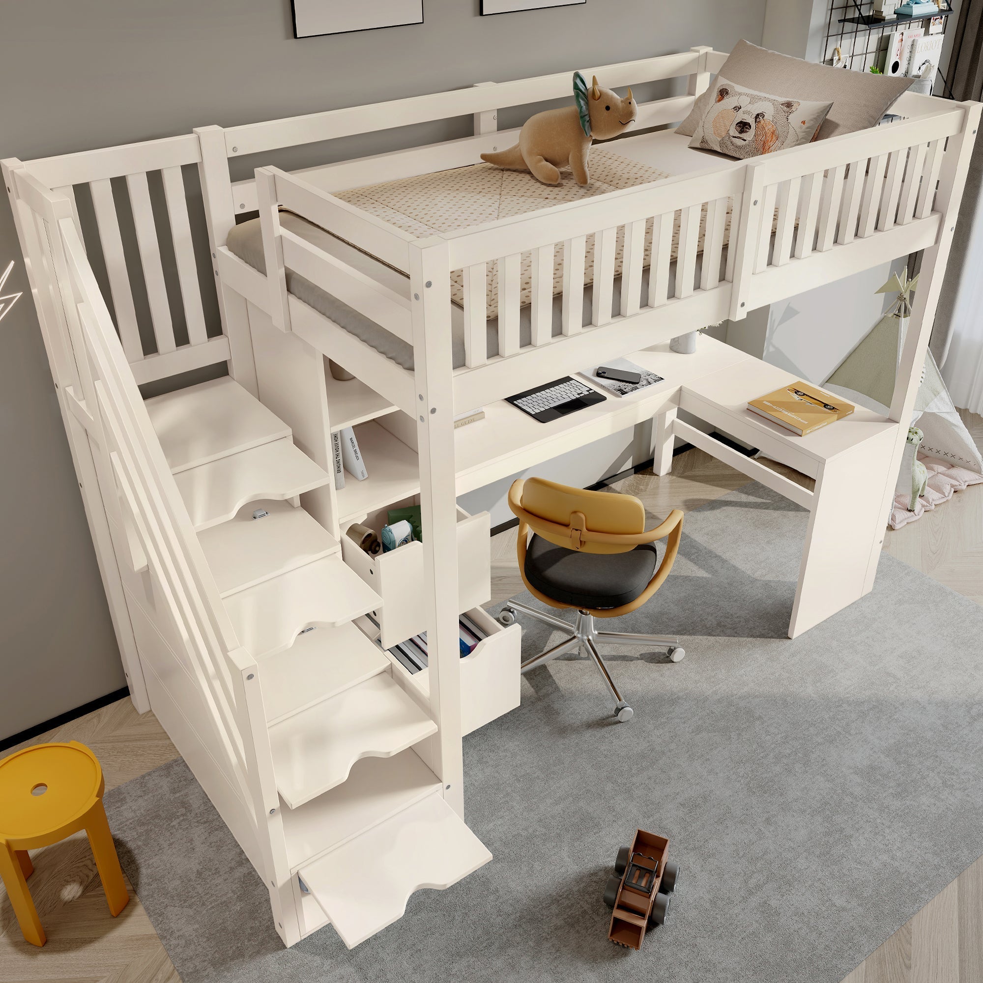 Children's Bunk Bed with Staircase, Corner Desk and Storage, White Pine Wood