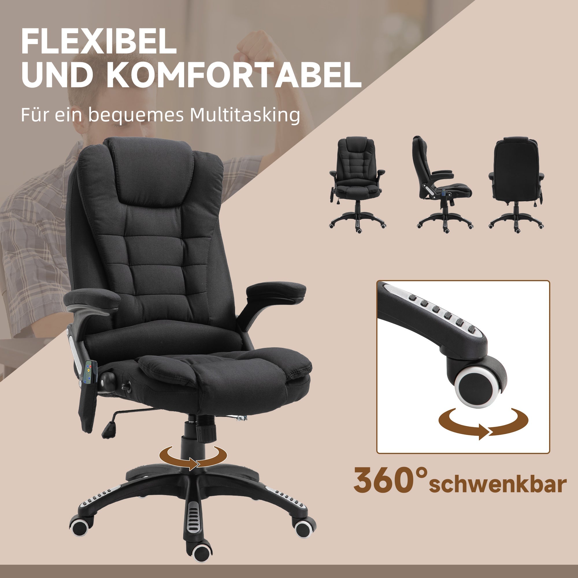 Vinsetto Office Gaming Chair, Massage Function, Height Adjustable, Black