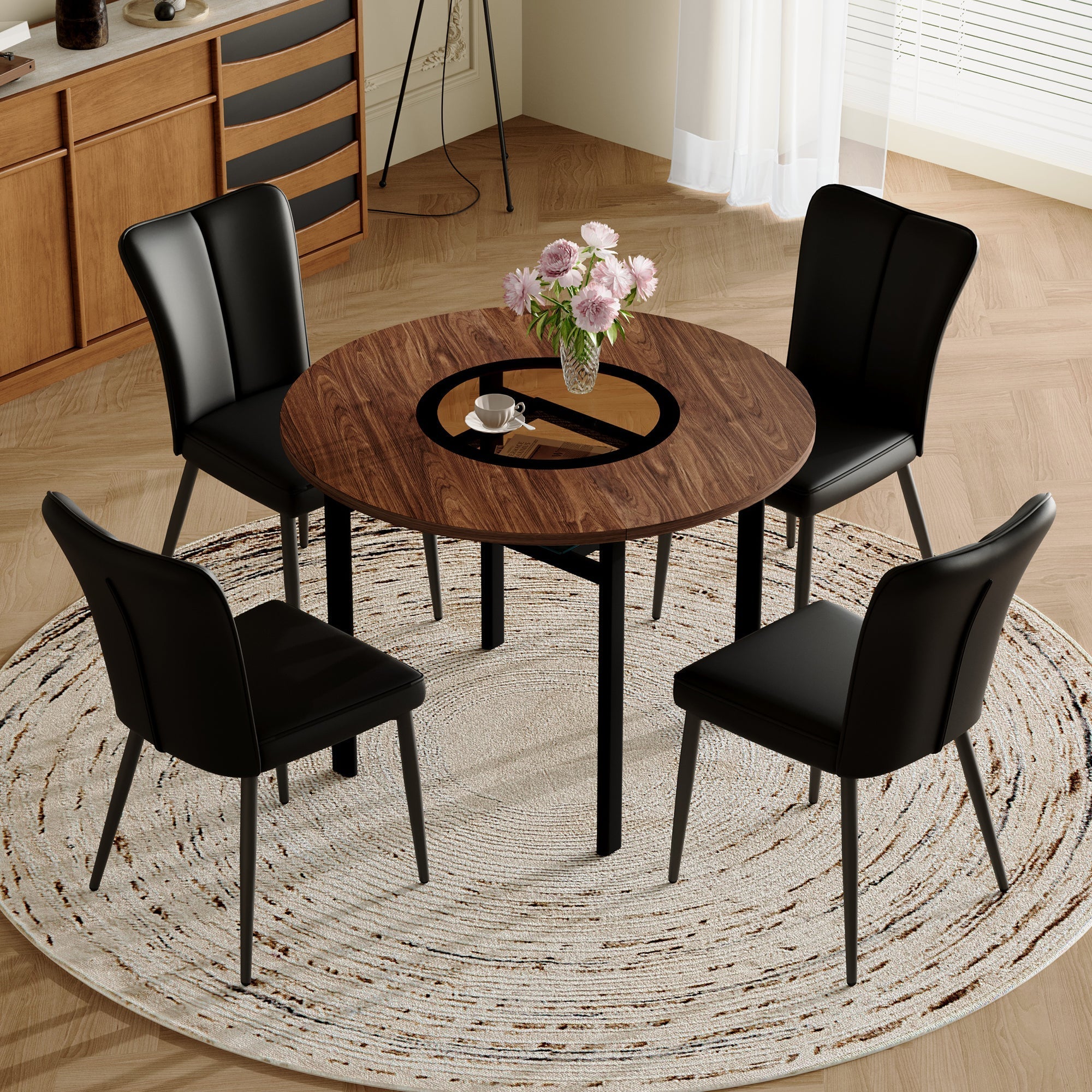 Dining Table Set Round 100cm 4 Chairs - Wood Look/Black PU