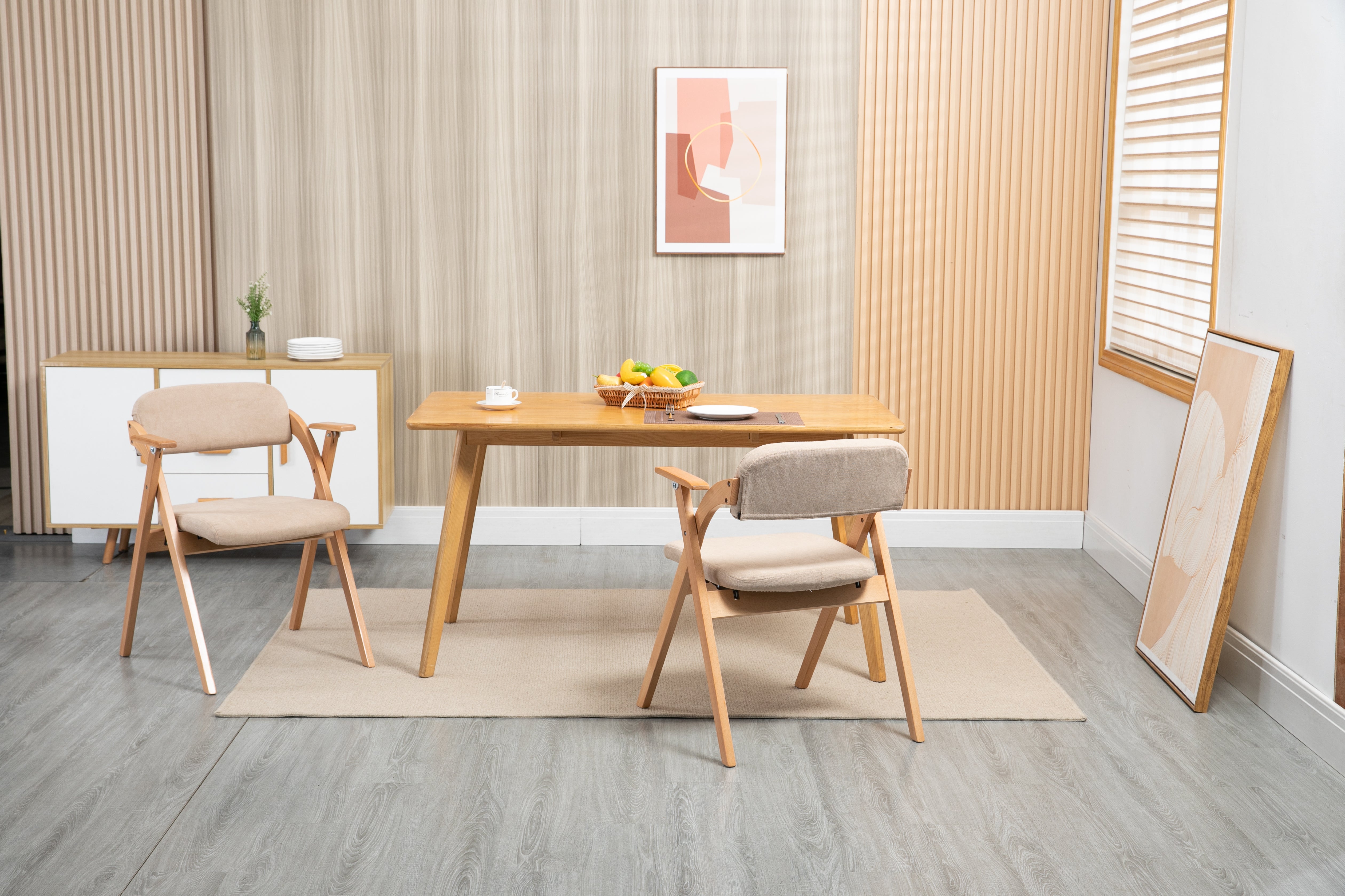 HOMEFUN Folding Dining Chairs, Padded Stackable with Armrest (Set of 2), Wooden Khaki