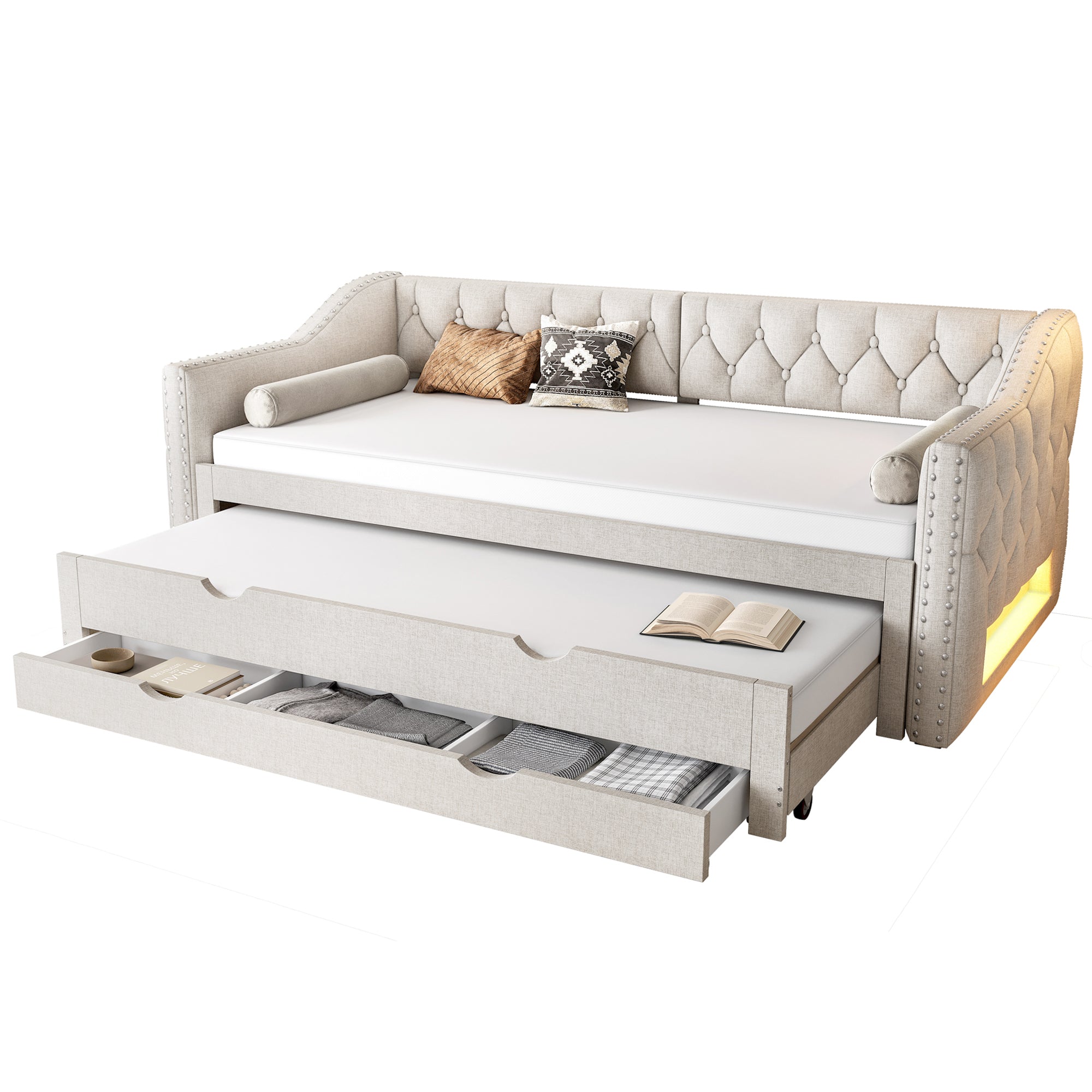 Upholstered Daybed 90x200 LED Pull-Out Bed 3 Drawers - Beige
