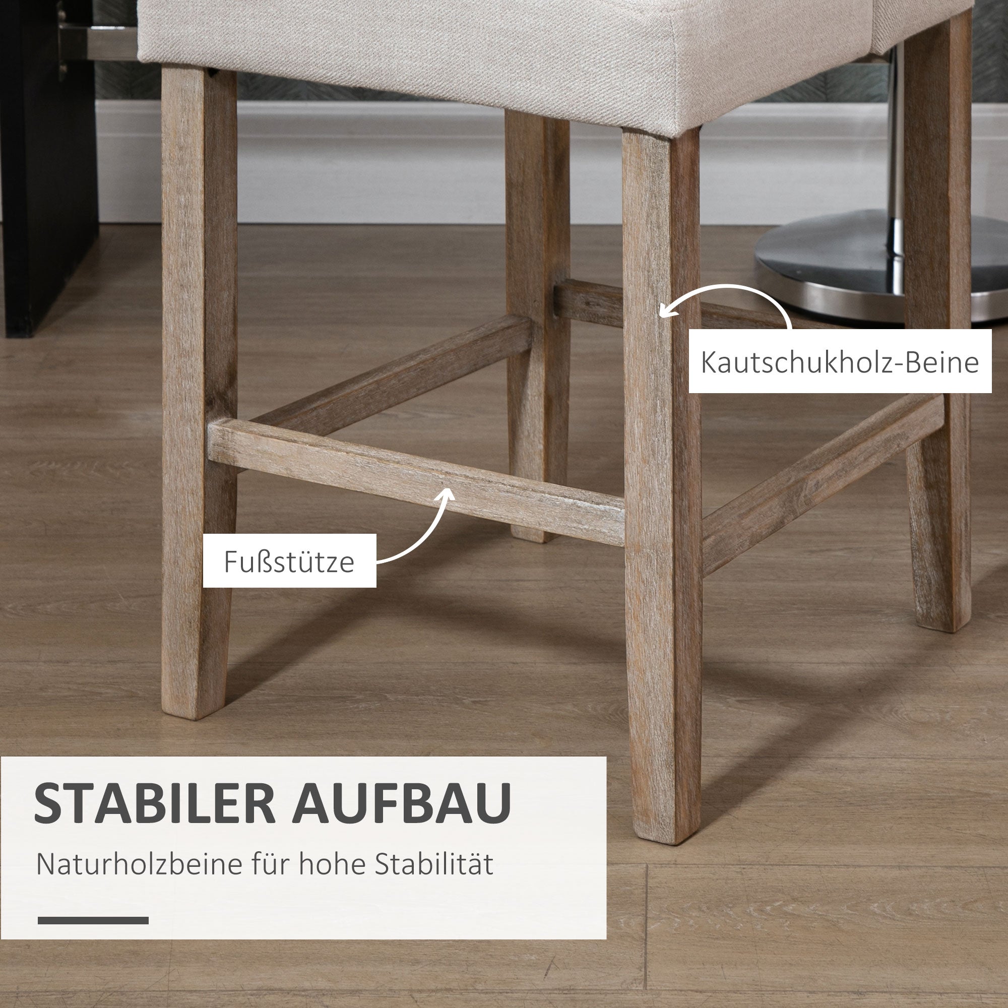 Set of 2 Bar Stools with Backrest, Solid Wood, Grey + Natural