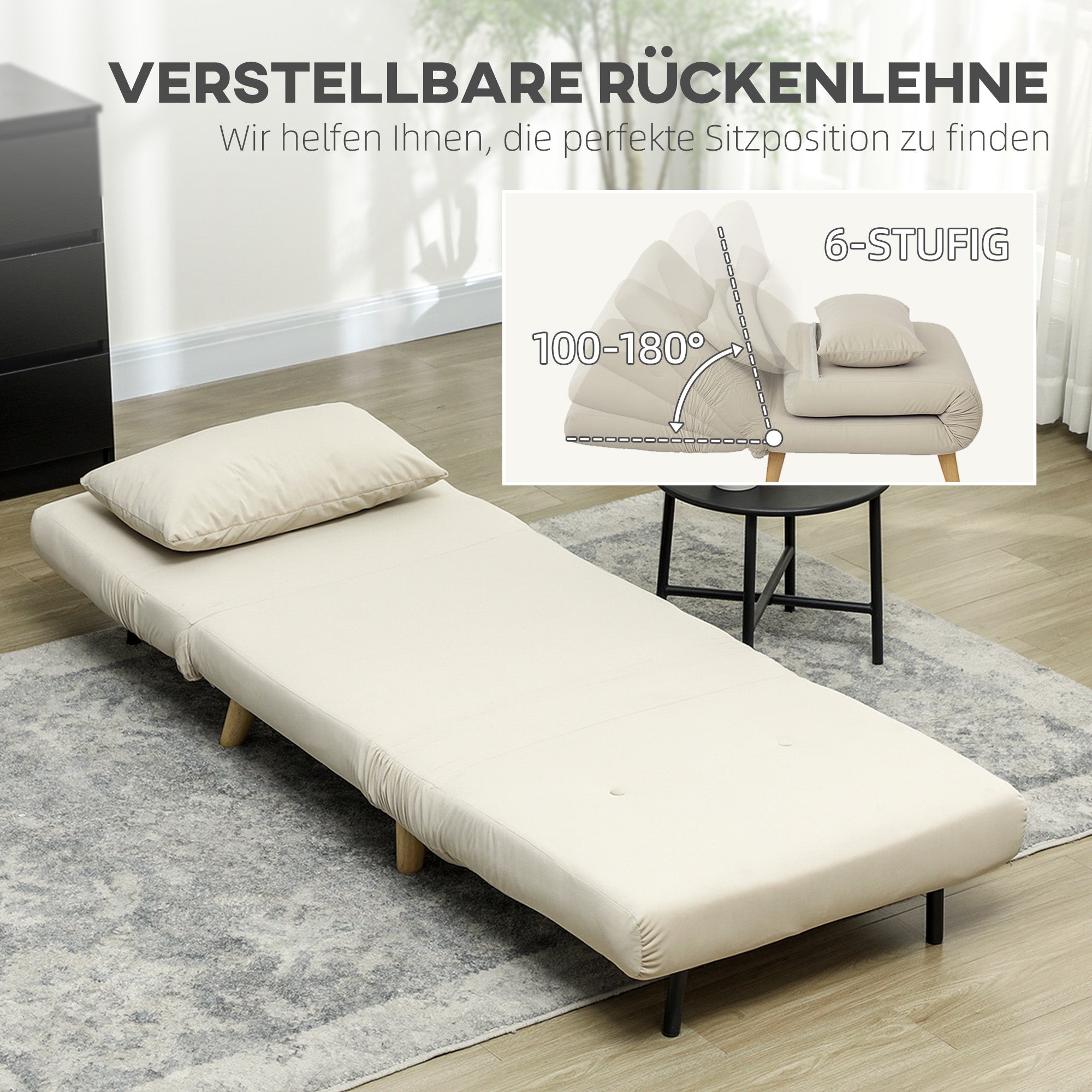 Folding Recliner Chair, Bed Function Adjustable Backrest, Velvet Look Beige