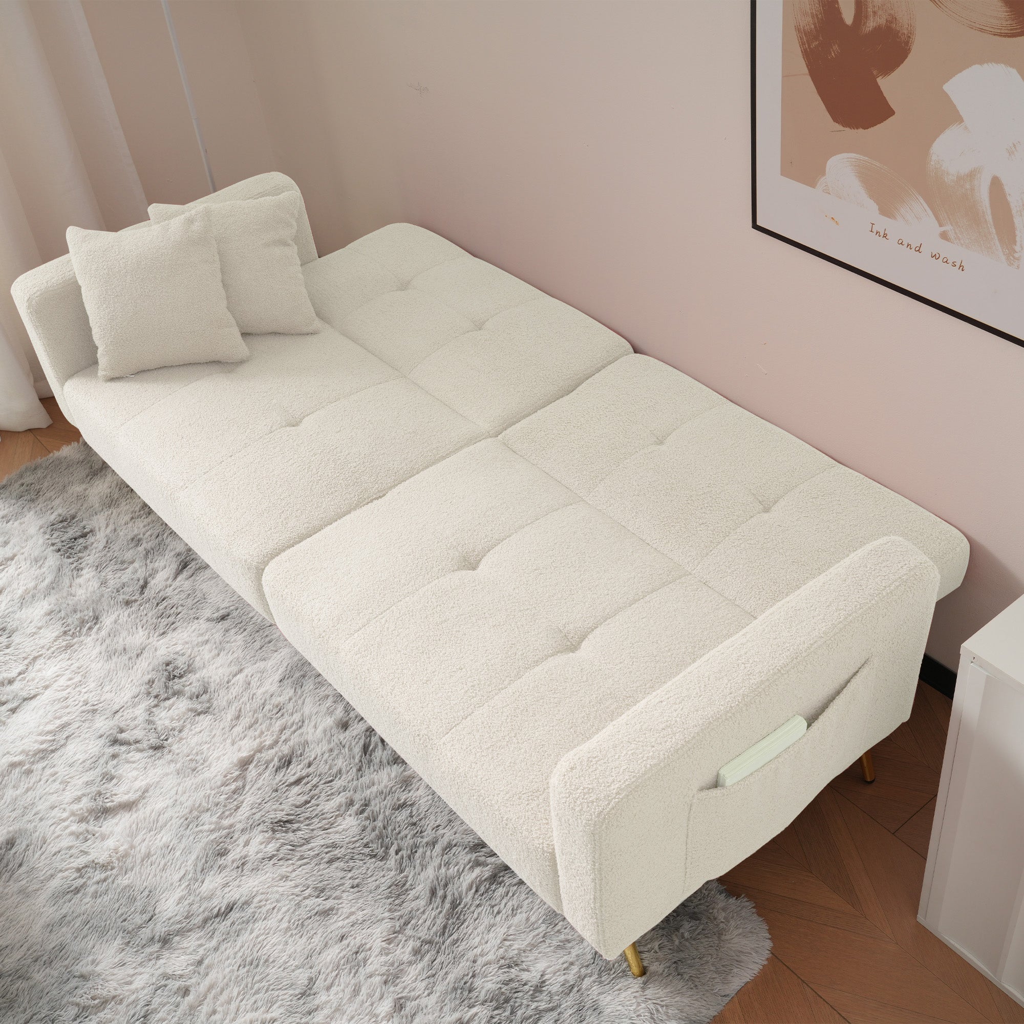 Sofa Bed, 3-Angle Adjustable Back, Gold Legs & Storage Pockets, Sherpa Fabric