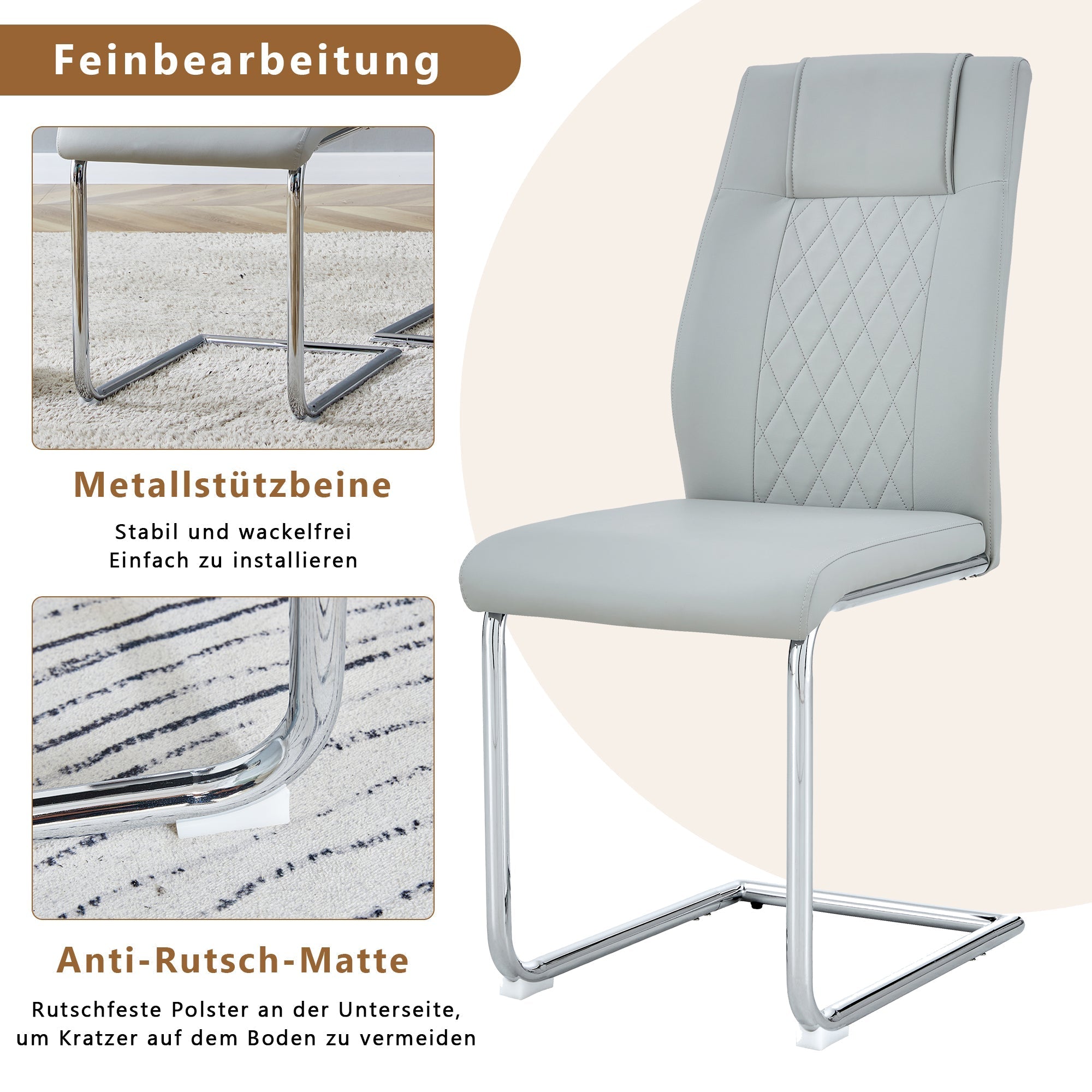 Scandinavian Dining Chairs Set of 4 Mesh Back Silver Metal Legs - Light Grey PU Leather
