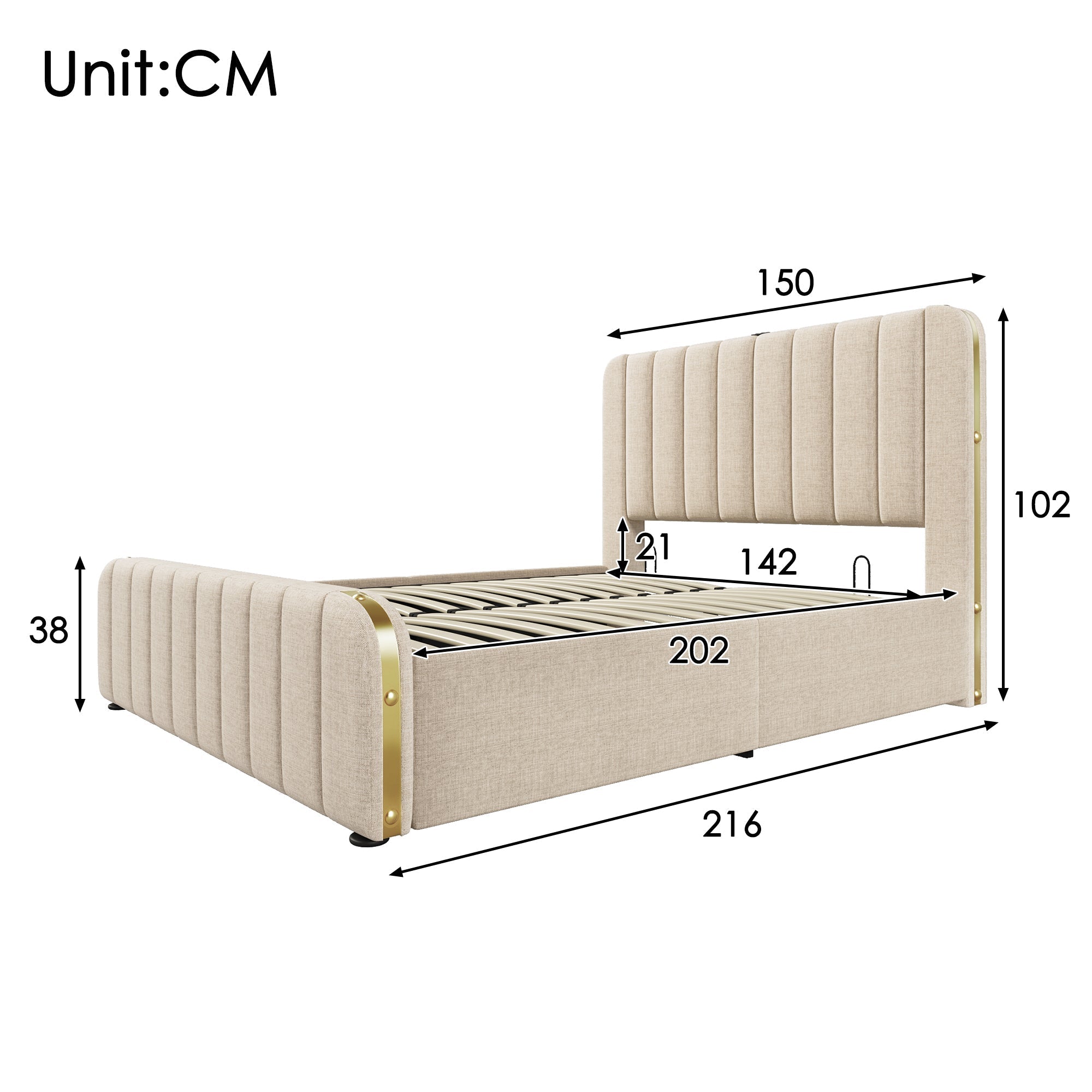 Upholstered Bed, Double Headboard with USB Type-C, Hydraulic Storage, 140x200 cm, Beige Linen