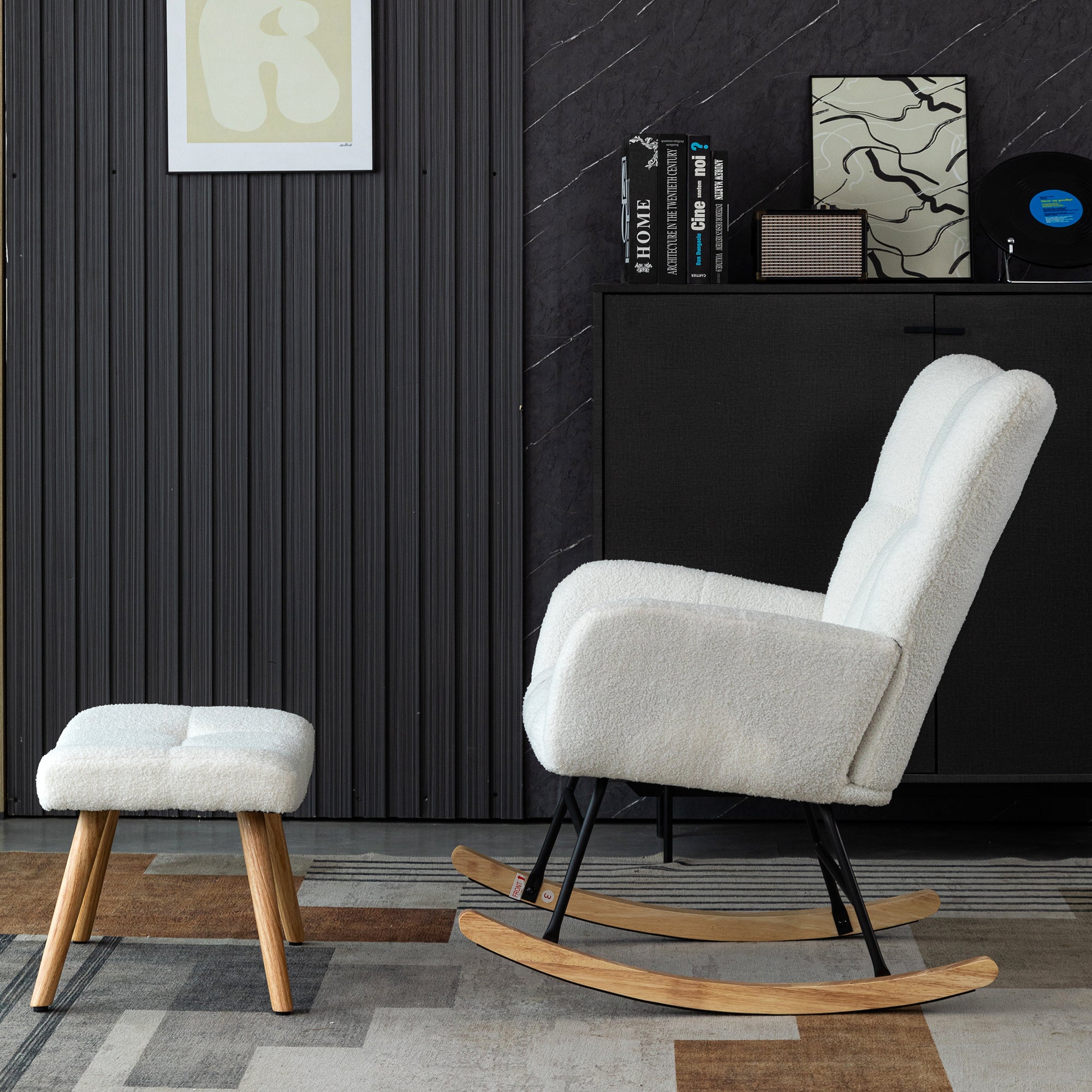 Ergonomic Rocking Chair with Footstool, Rubber Wood Frame, White