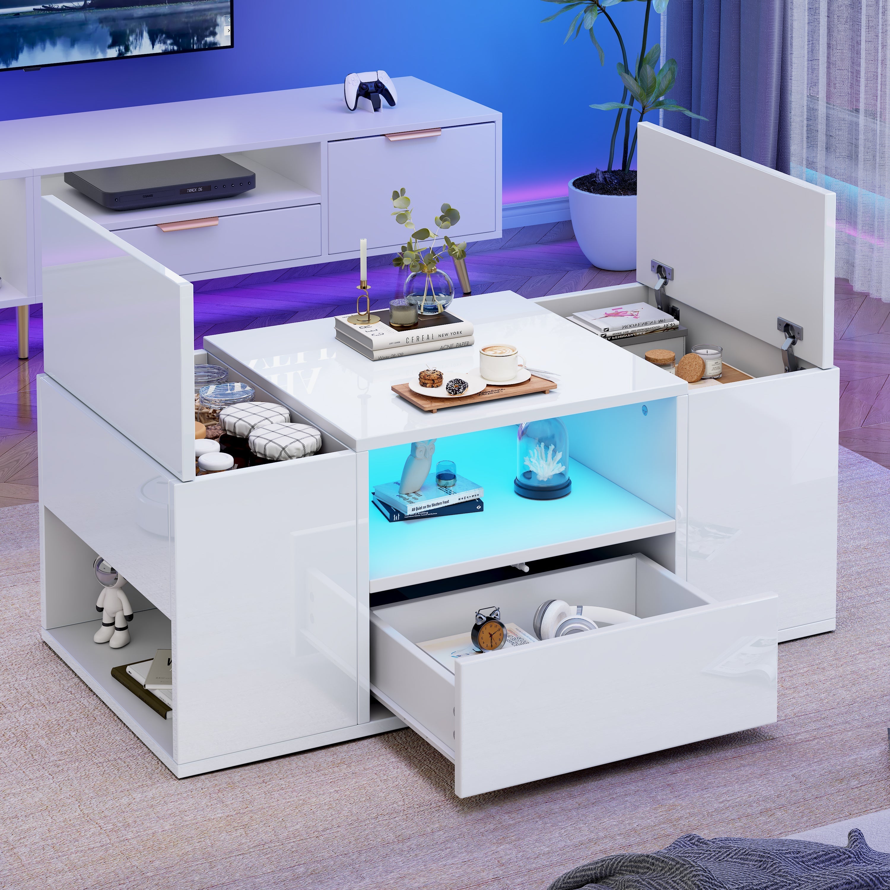 Coffee Table 100x50x40cm High-Gloss LED Light 6 Storage Compartments - White