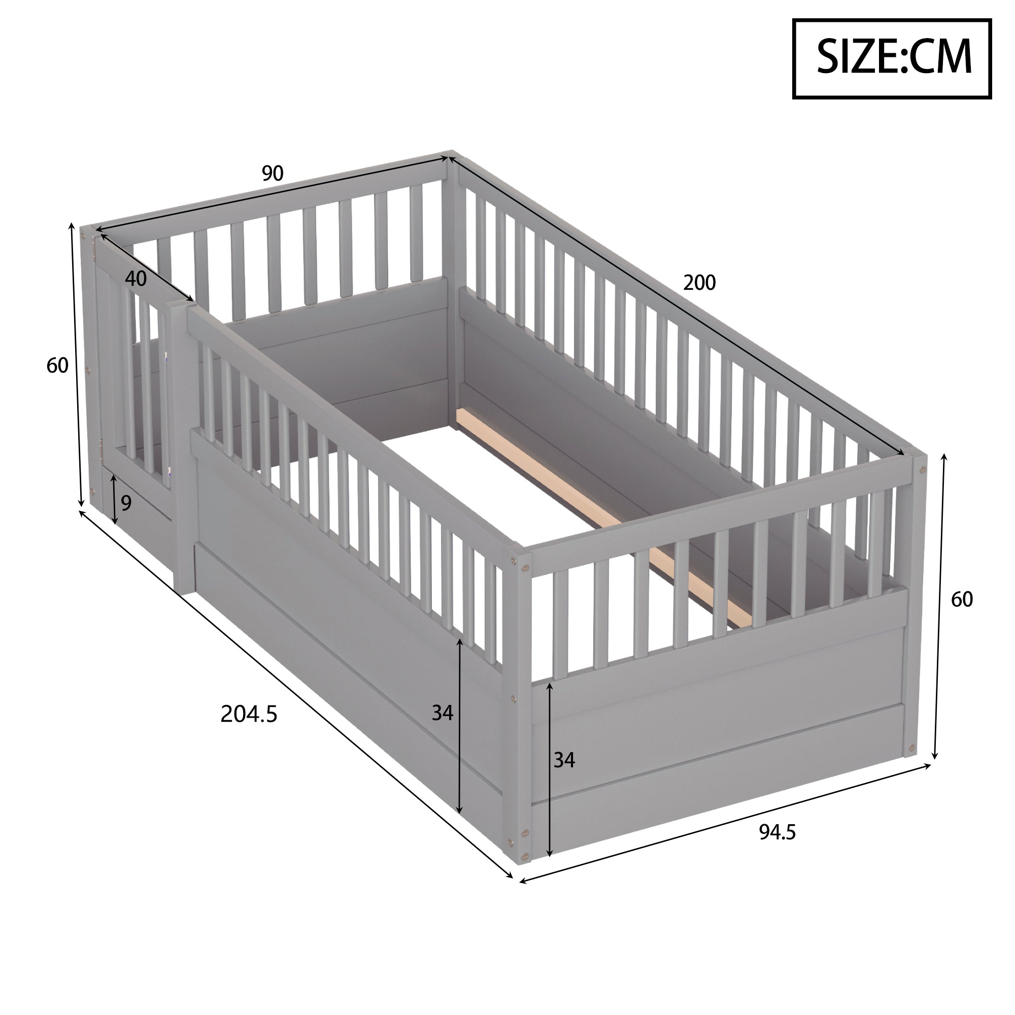 Children's Bed 90x200cm with Railing and Door, Wood, Grey