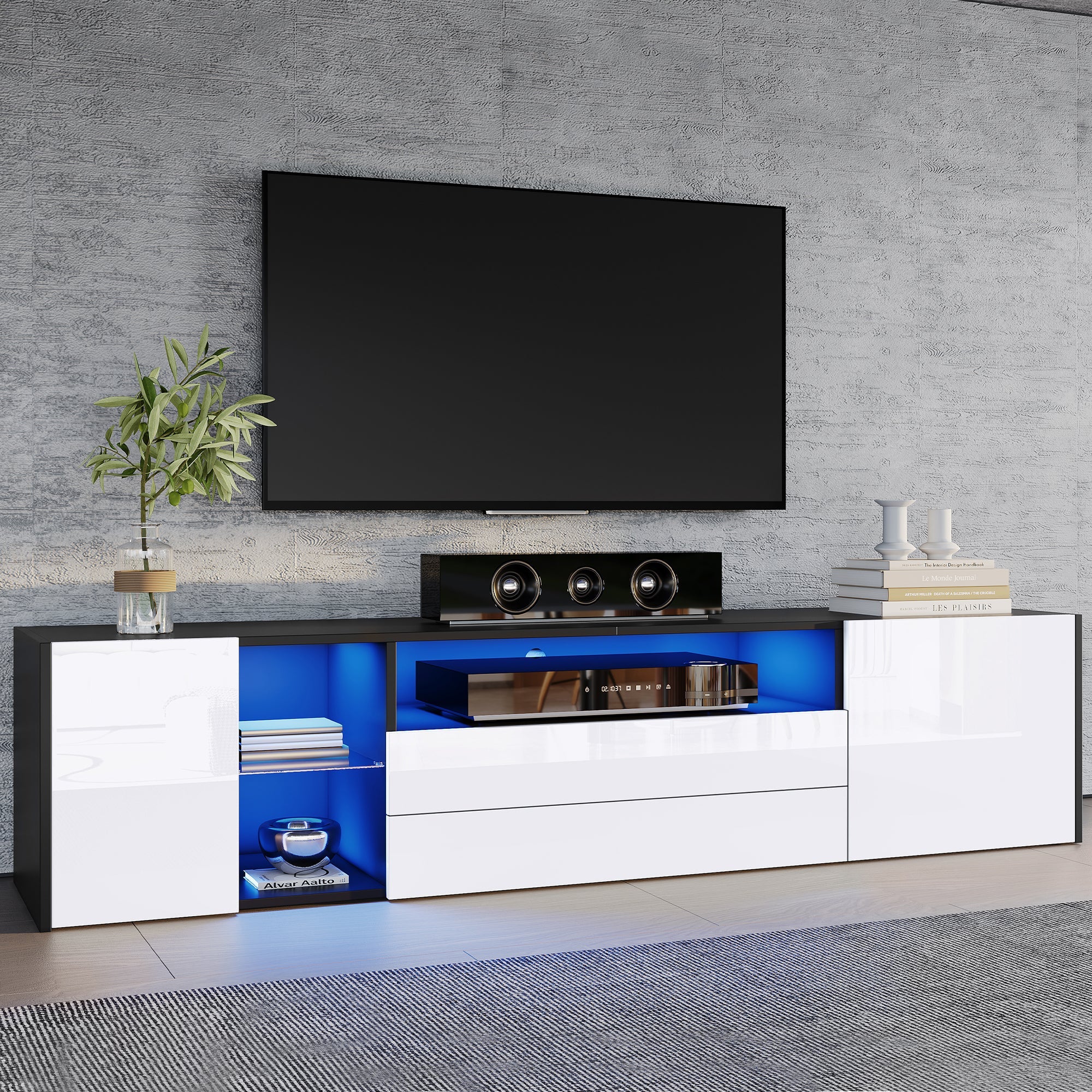 TV Stand Cabinet, 180x40x45cm LED Lowboard with 2 Drawers & 2 Cabinets for 75-inch TVs, Black and White