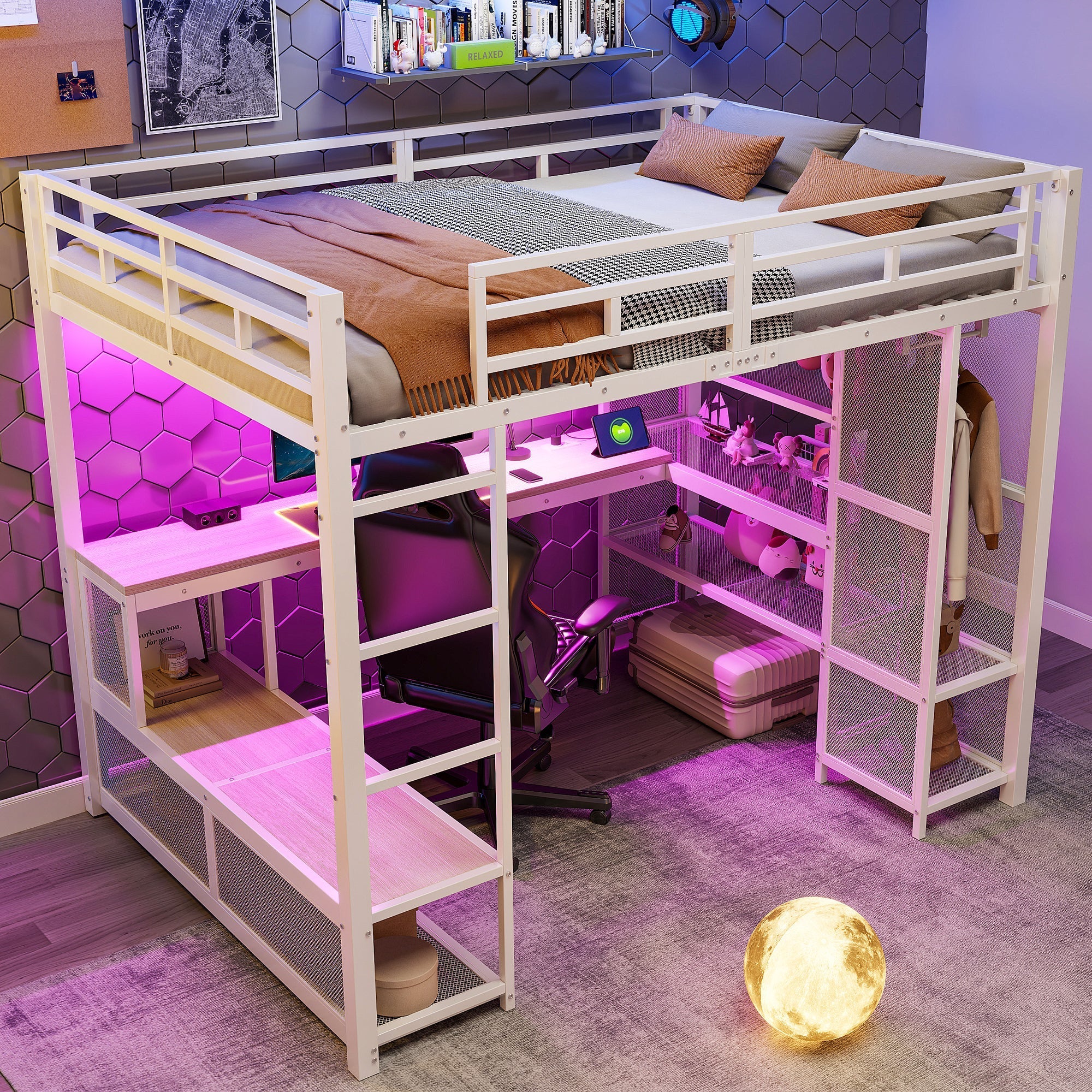 Metal Loft Bed with Wardrobe, USB Port and LED Lighting, White