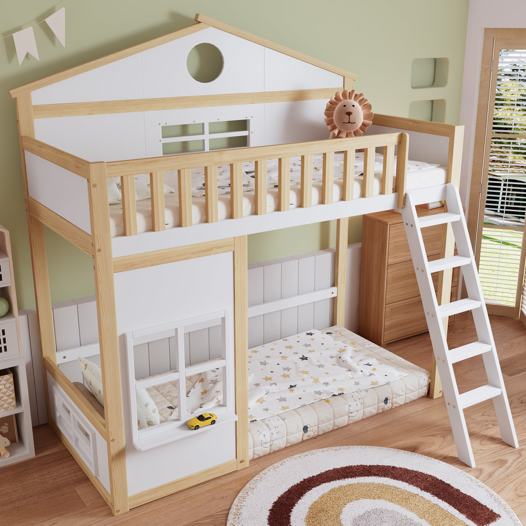 Bunk Bed, House Bed with Stairs & Rails, Pine+MDF, White+Natural