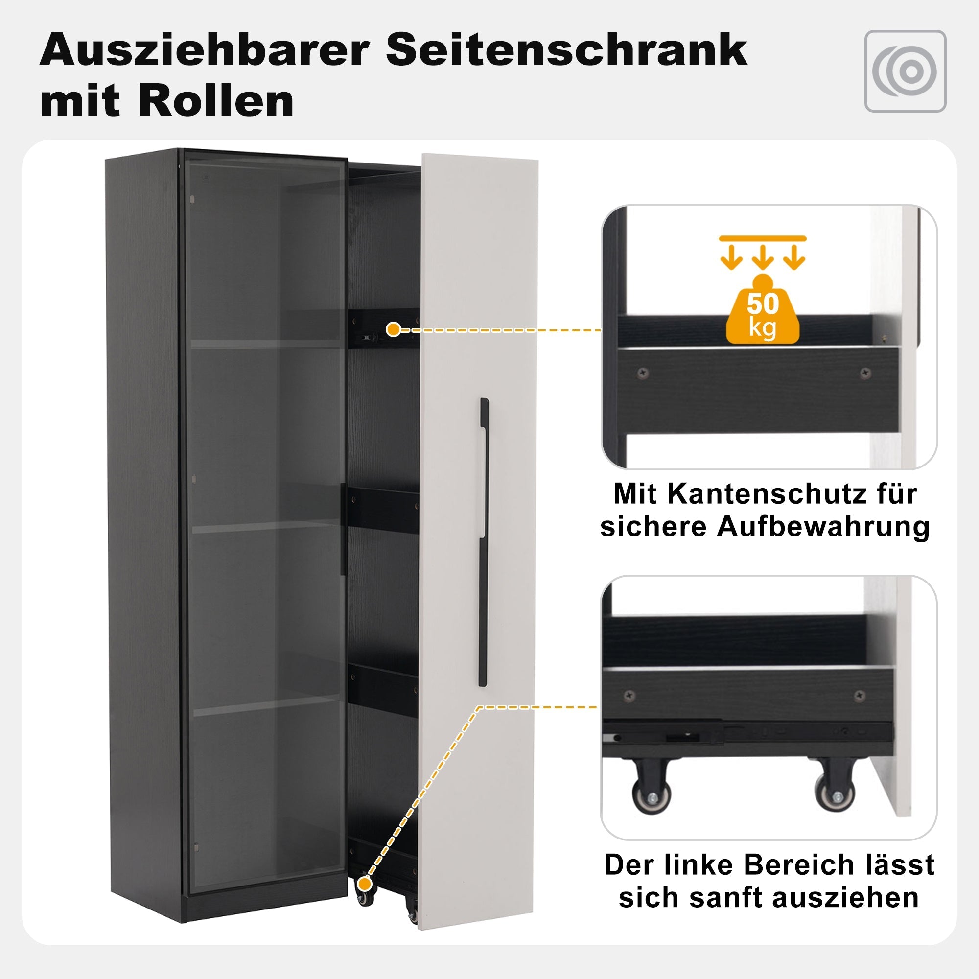 Multifunctional Cabinet with Glass Door, LED Lighting and Side Drawer, Black MDF