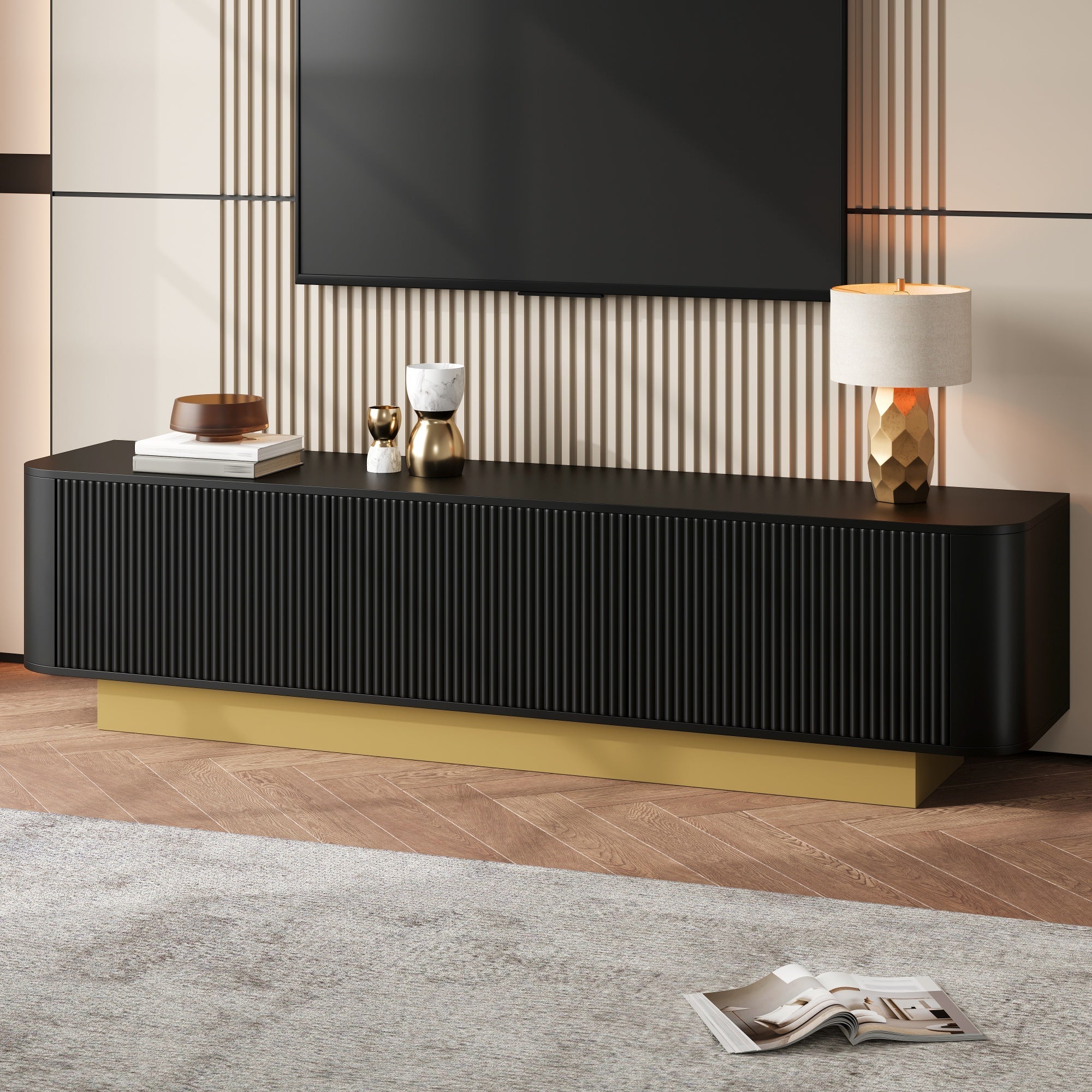 Modern TV Stand with Storage and Textured Front, Black