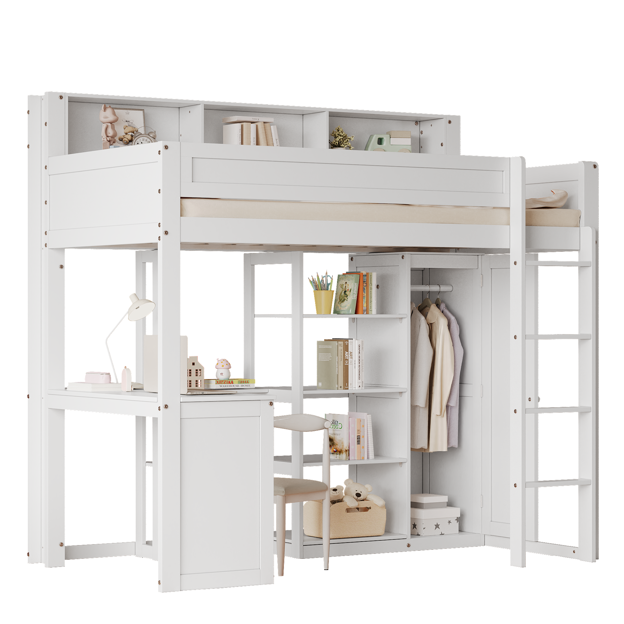 Bunk Bed with Table & Wardrobe, Safety Gate & Shelves, Pine+MDF+Plywood, White, 90x200cm