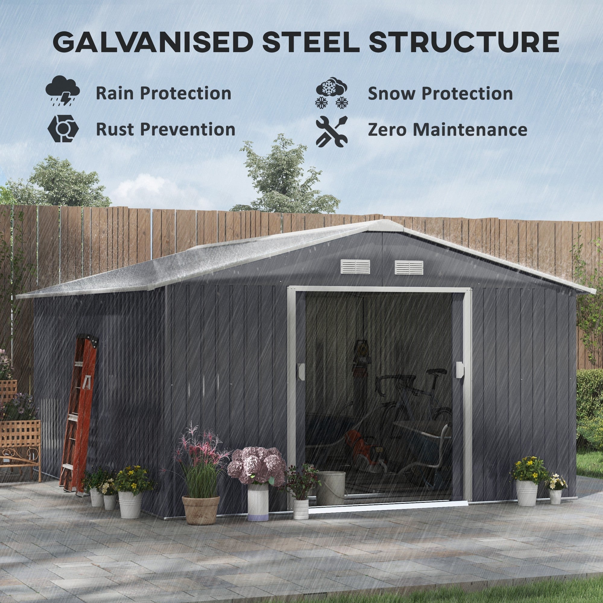 Metal Garden Shed, Outdoor Storage Tool House with Ventilation, Foundation Kit, Lockable Double Doors, Grey