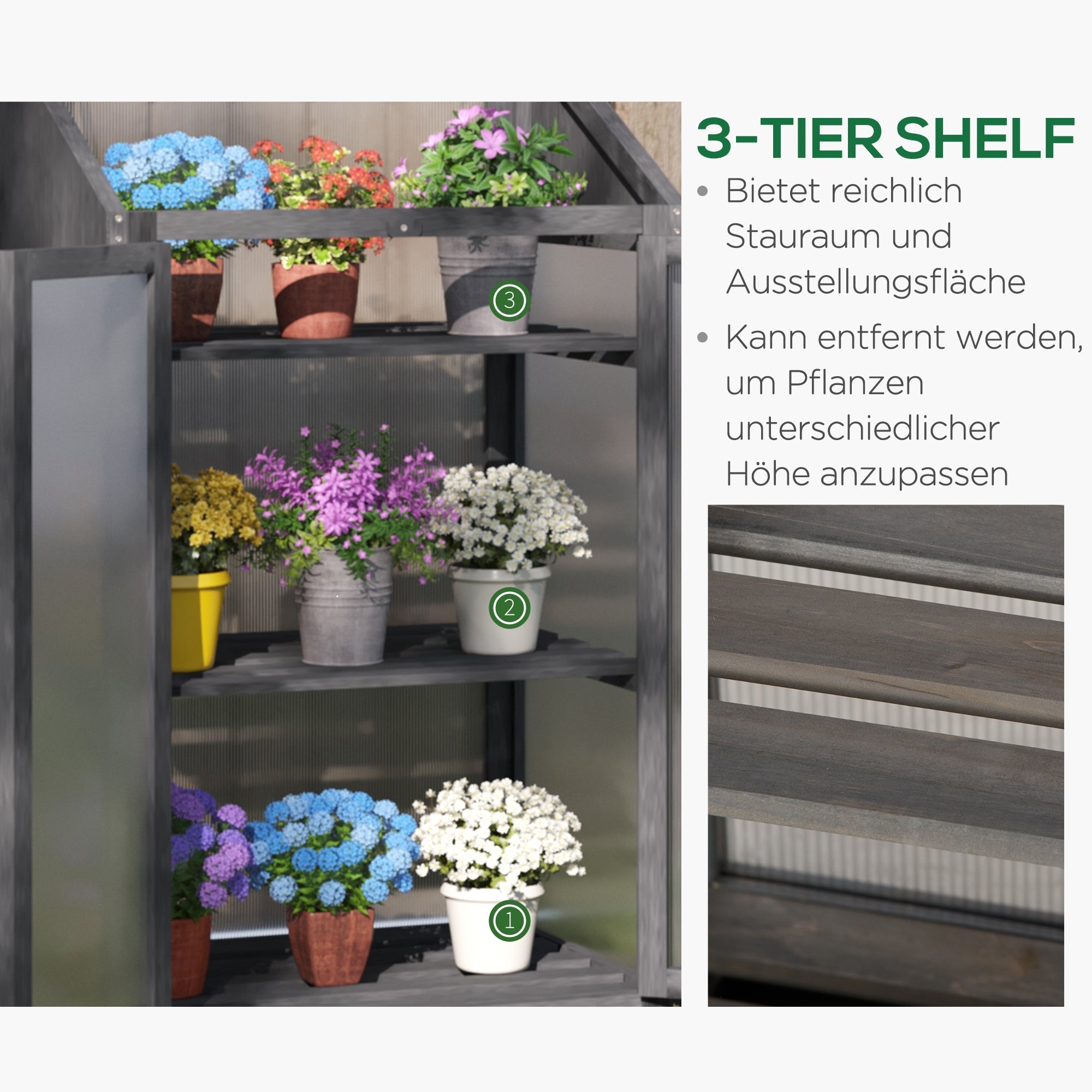 Cold Frame Mini Greenhouse 70x50x120cm Double Door 3 Shelves Wooden Grey