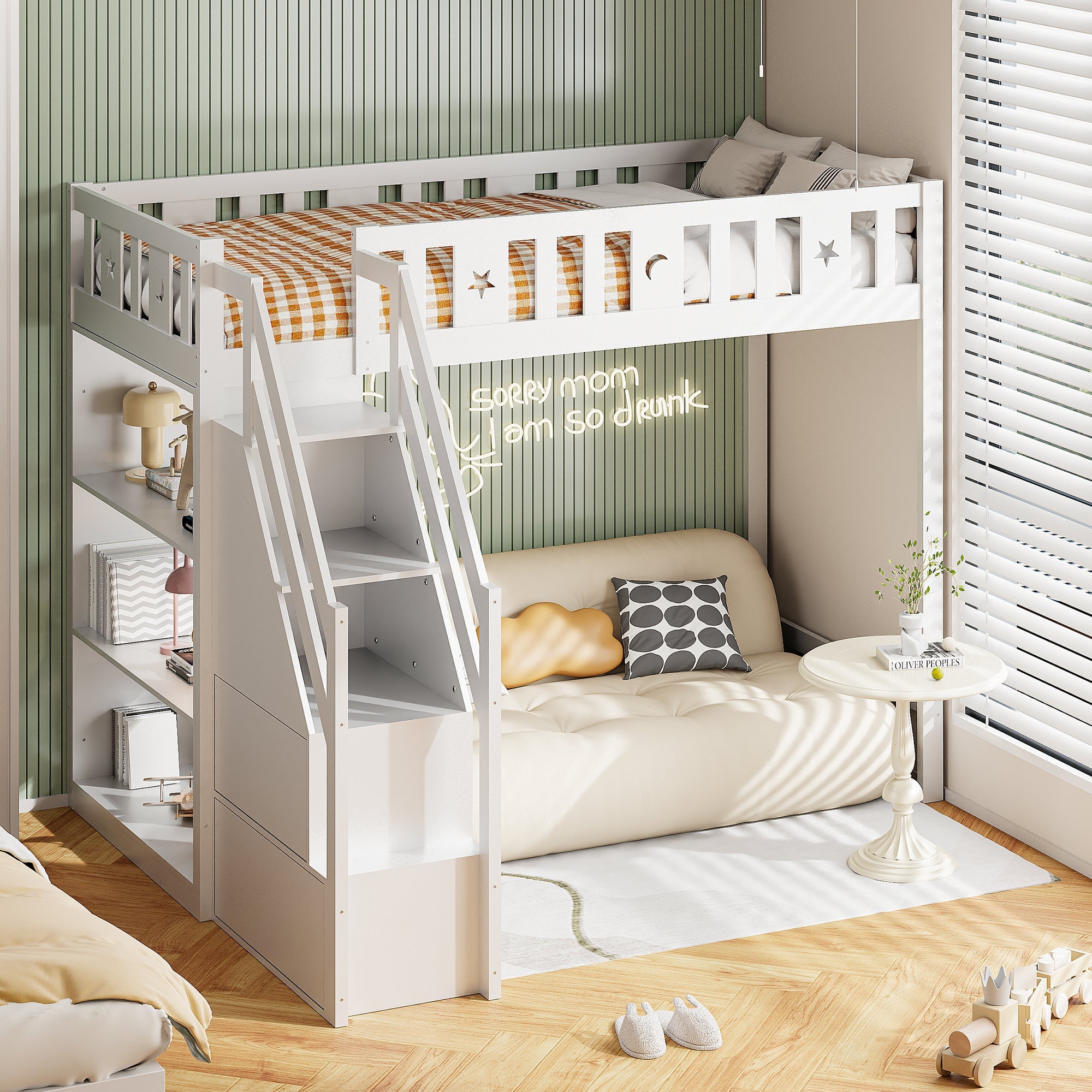 Loft Bed 90x200cm with Storage Ladder and Shelves, Solid Wood Frame, White