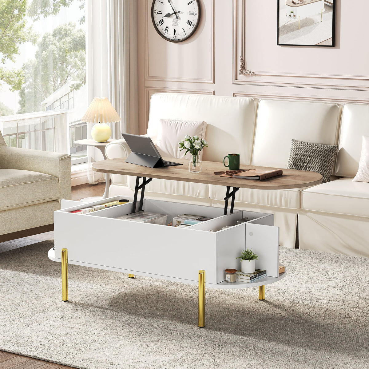 Coffee Table 120x50x43cm Height-Adjustable Hidden Storage 7 Shelves Wood/White