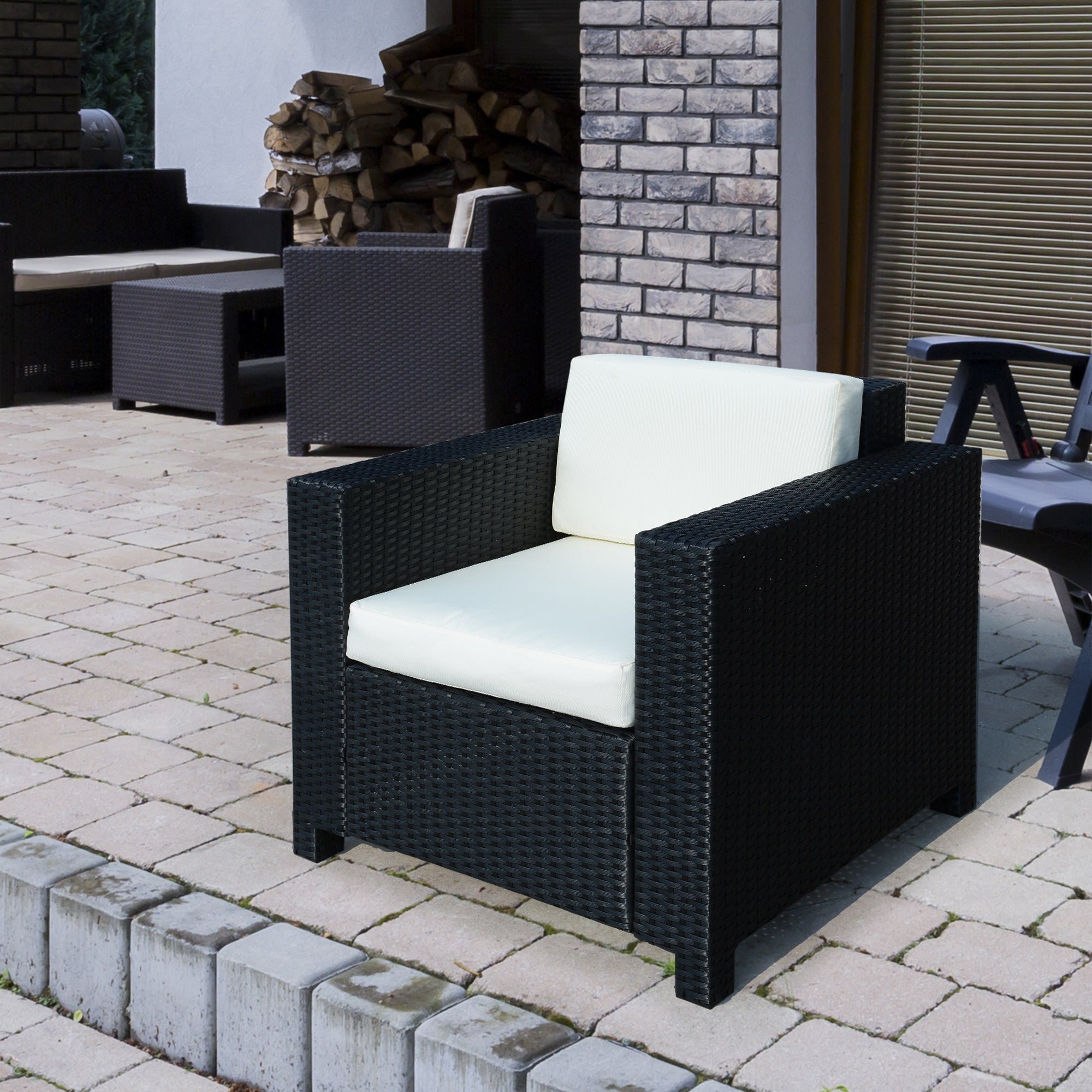 Single Seater Rattan Chair Sofa 10cm Padded Cushion All-Weather PE Wicker, Black