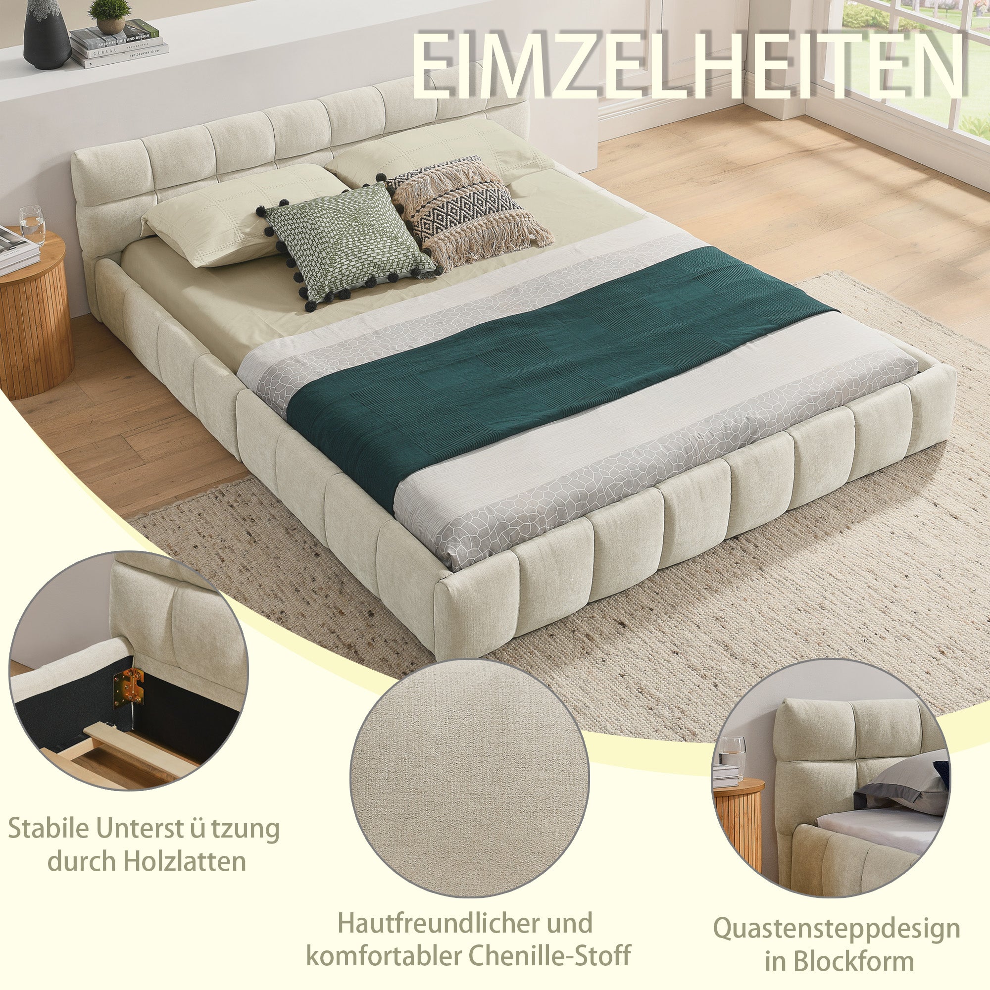 Double Bed 140x200cm, Chenille Cover Quilted Design Eucalyptus Wood Frame, Beige