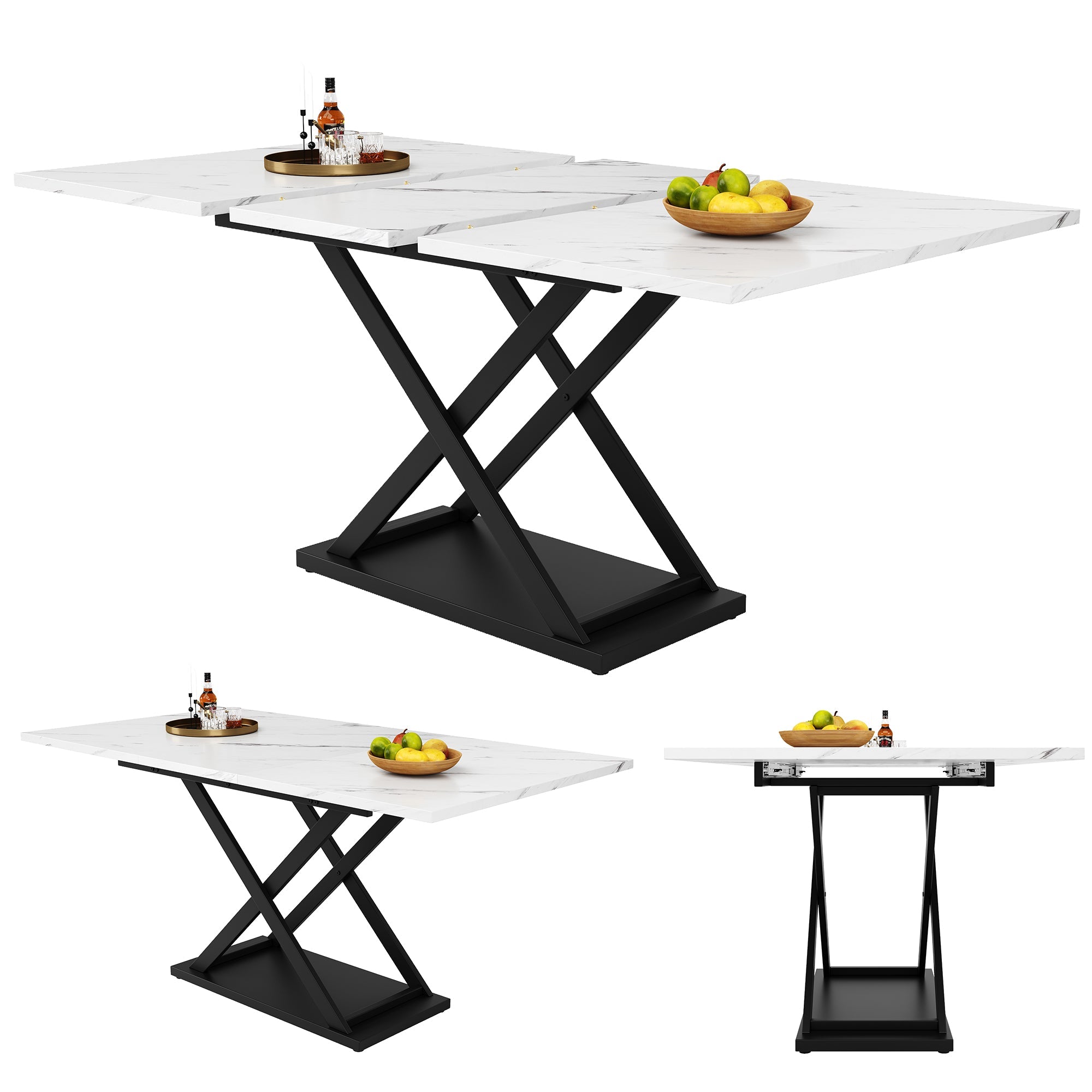 Telescopic Dining Table Extendable 120-160x80cm Crossed Iron Legs - White Marble/Black