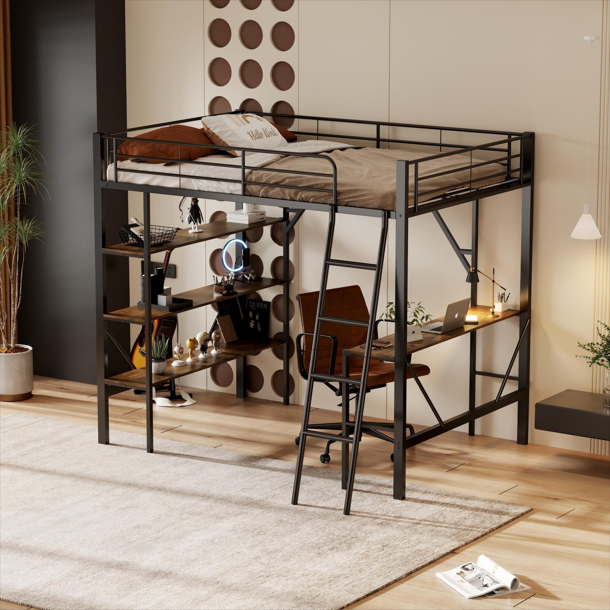 Loft Bed 90x200cm Iron Frame with Desk 3 Shelves Black