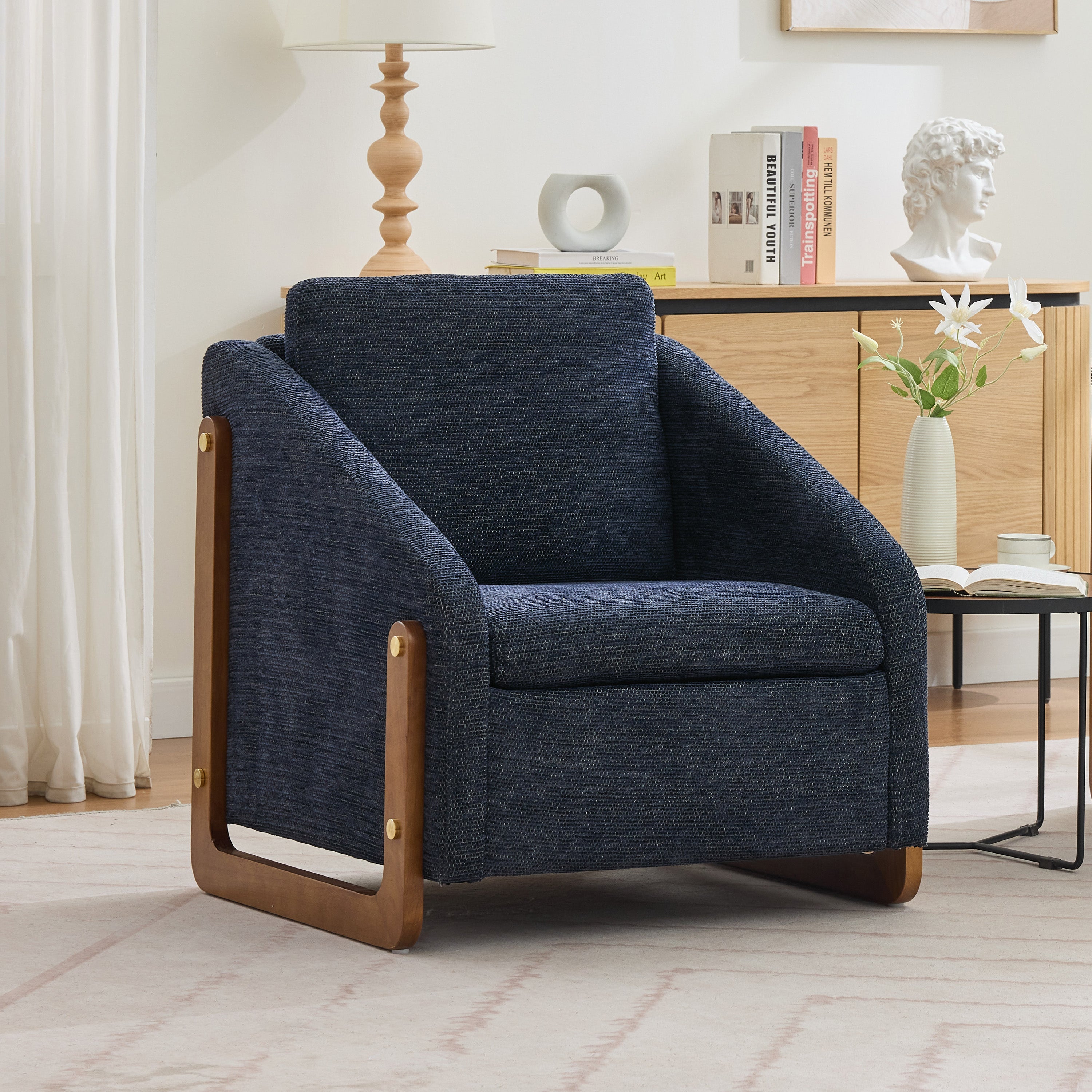 057 Armchair, Modern Lounge Chair with Wooden Armrests, Blue Chenille Fabric