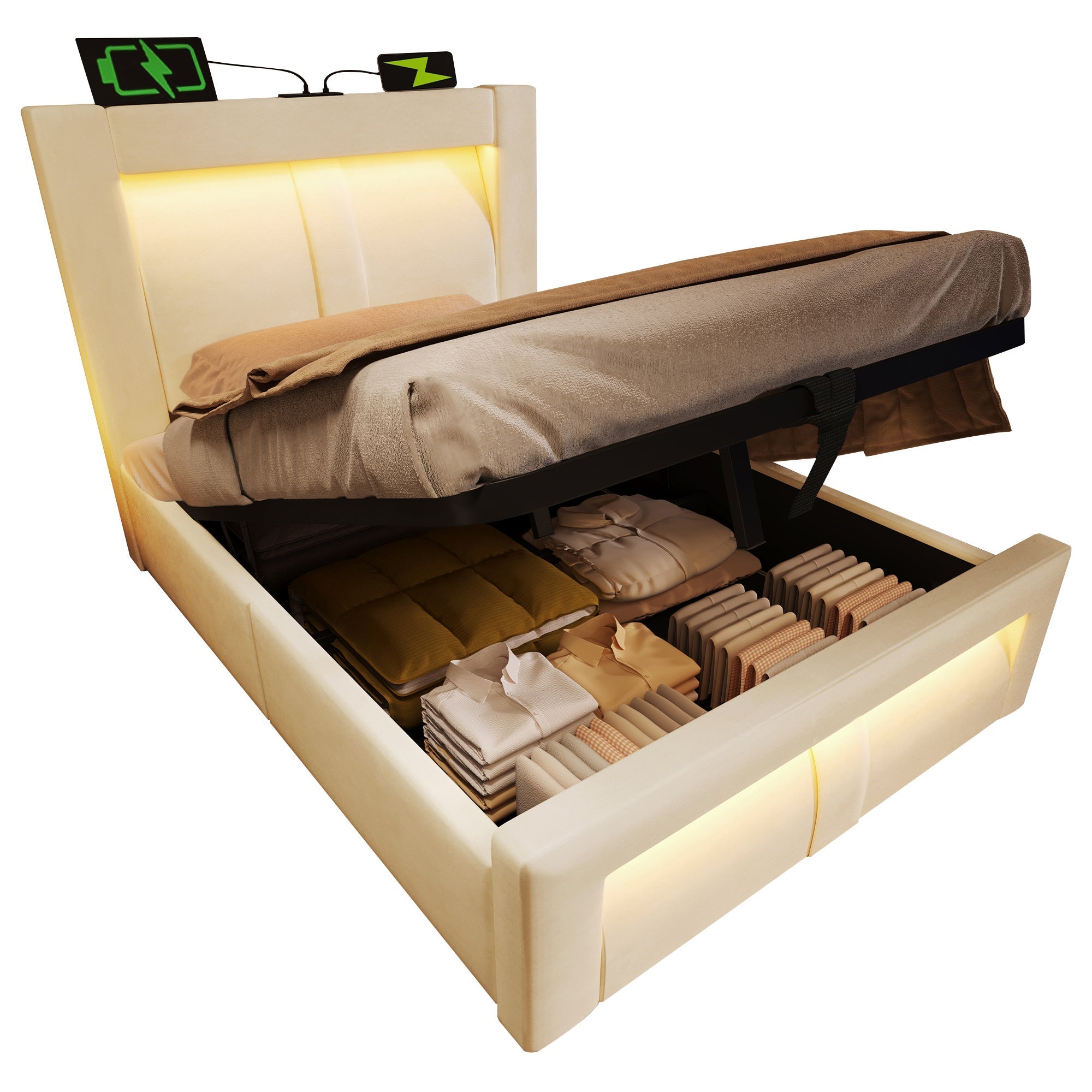 Single Bed with Hydraulic Storage, LED Lighting and Charging Ports, Beige Velvet