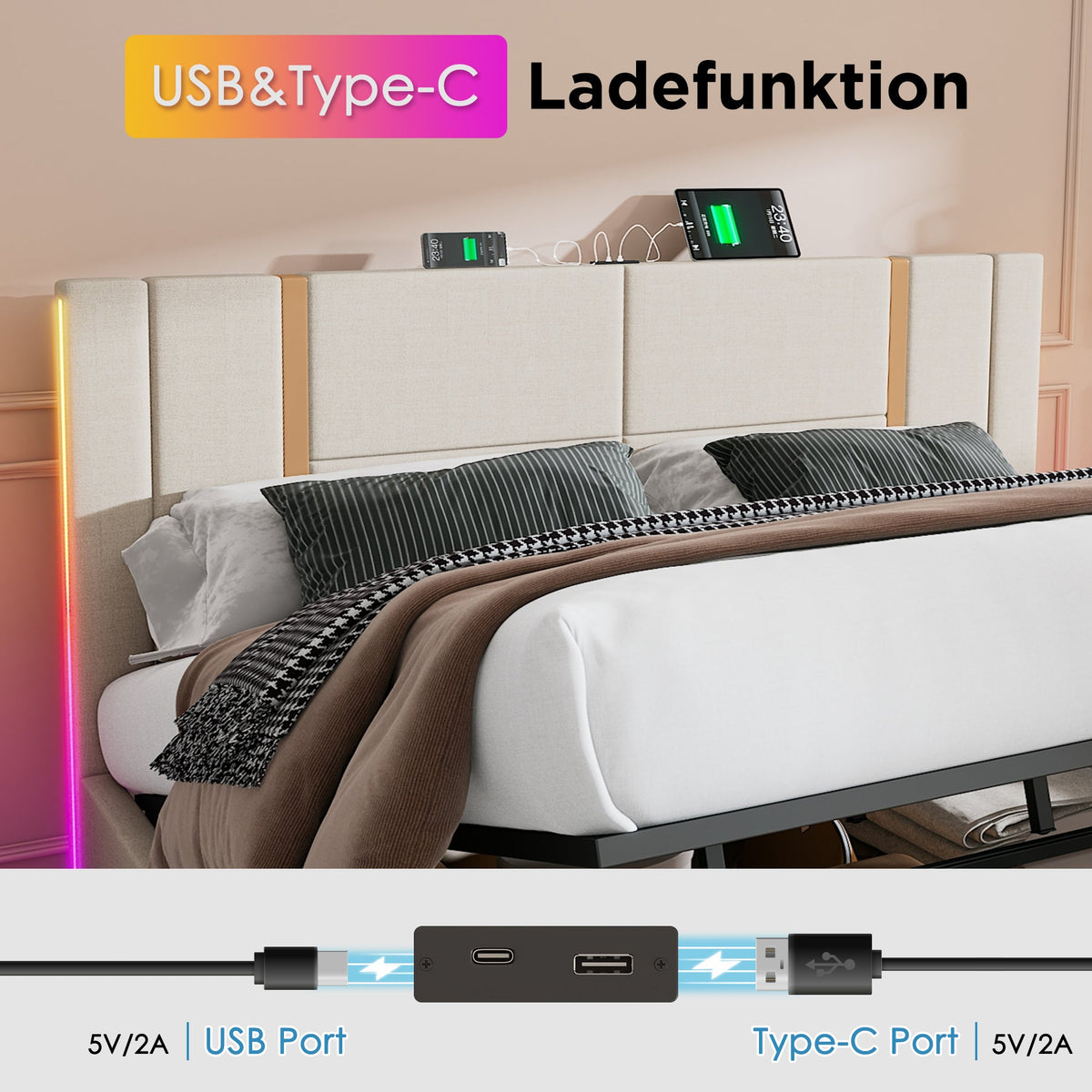 Upholstered Double Bed, 140x200 LED USB-C Storage, Beige Linen
