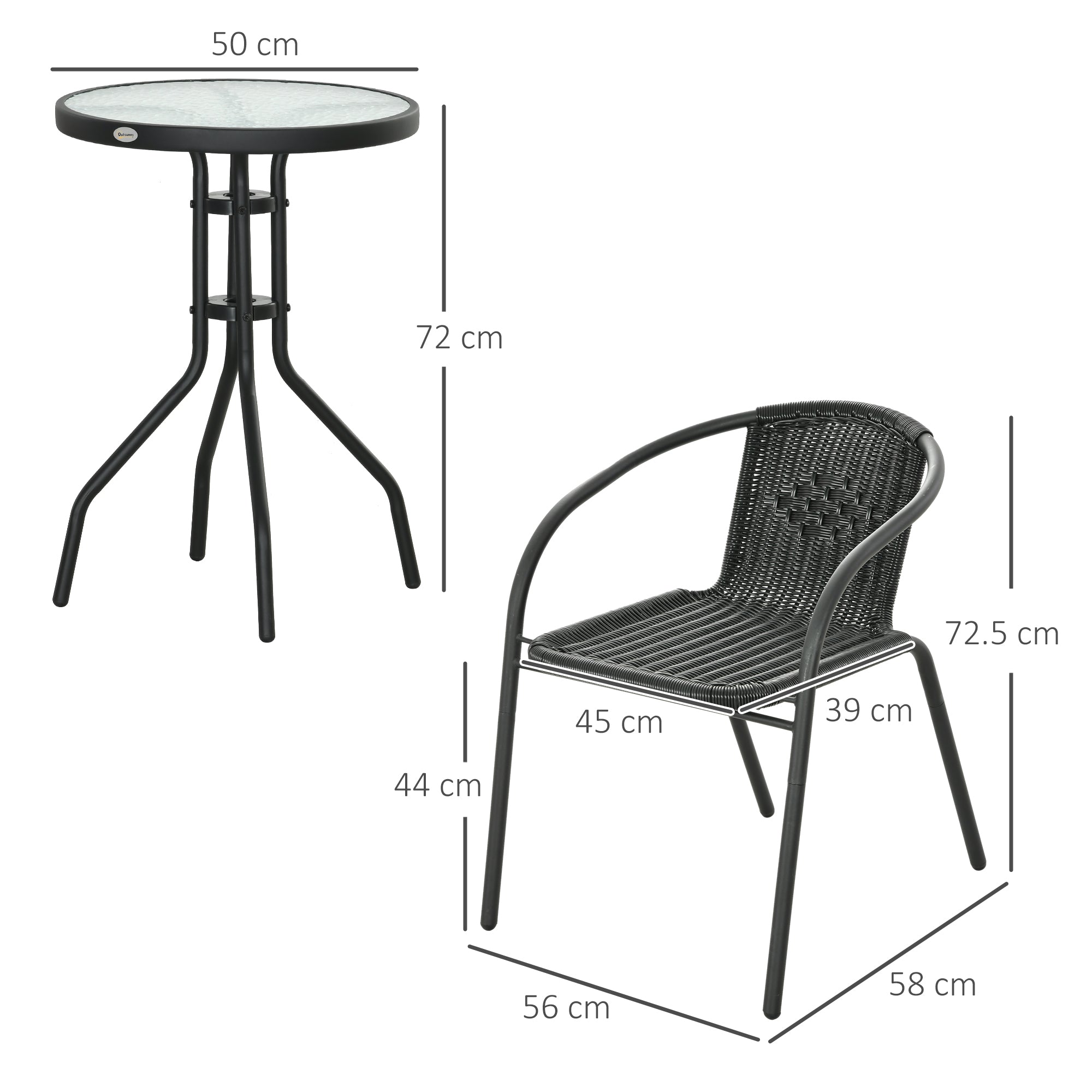 3 Pieces Bistro Set, Rattan Conversation Furniture, Black