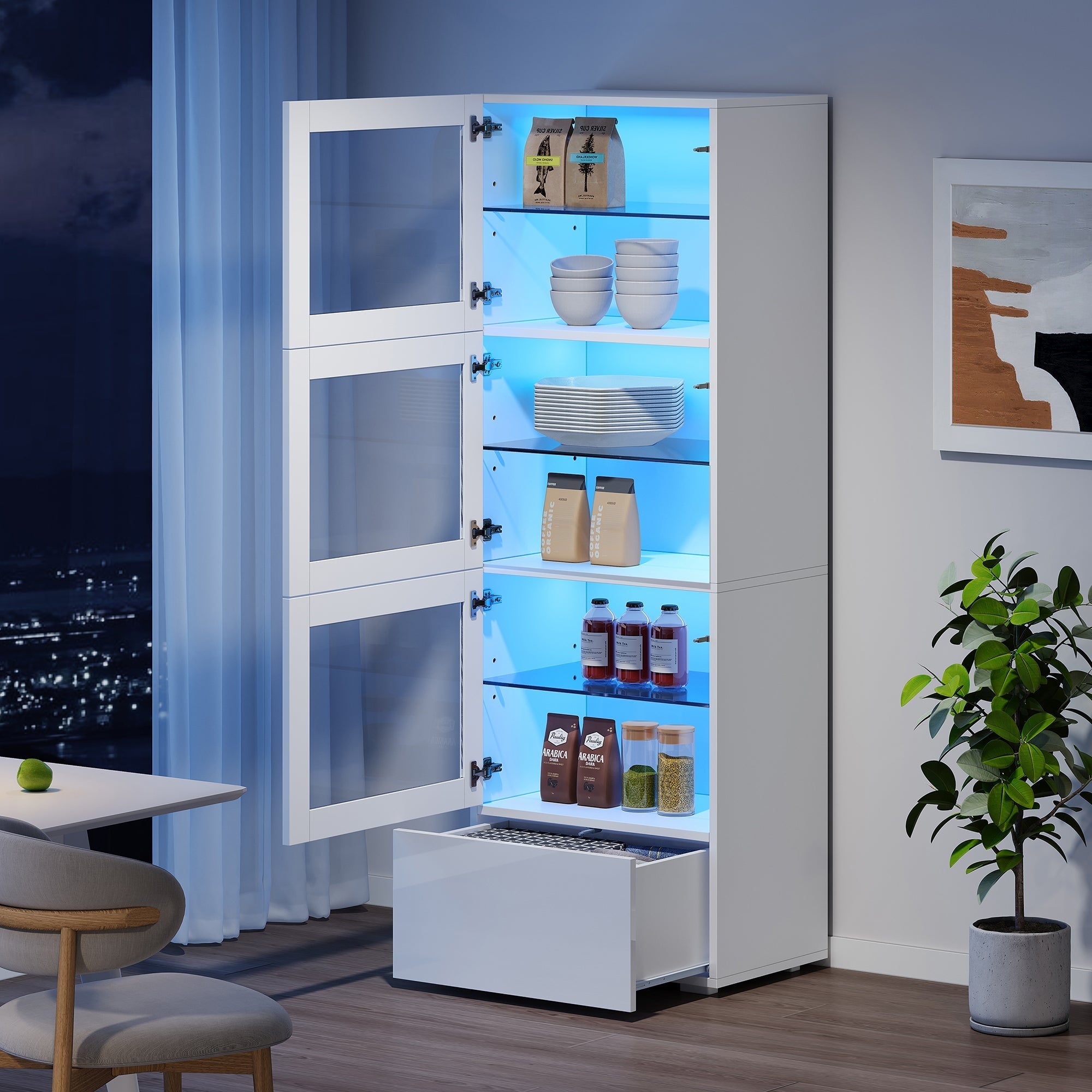 Display Cabinet High-Gloss LED Lighting 3 Glass Shelves, White
