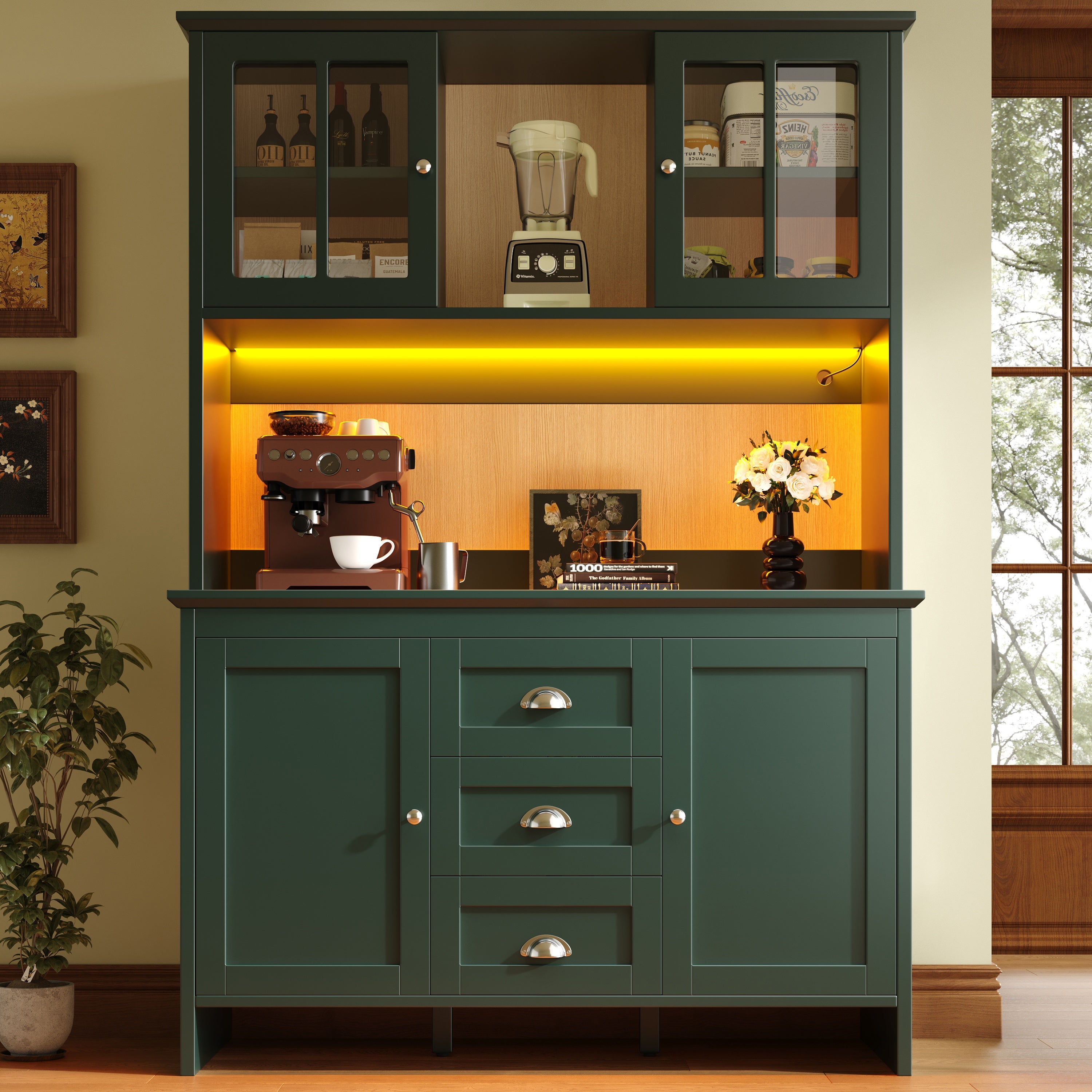 Tall Kitchen Cabinet Sideboard with Brown Glass Doors and LED Lighting, Green
