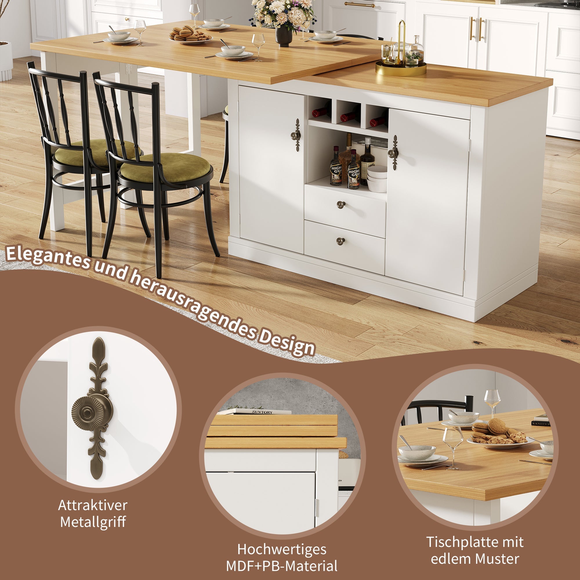 Extendable Bar Table with 360 Swivel and Storage, 120-180cm, White and Black