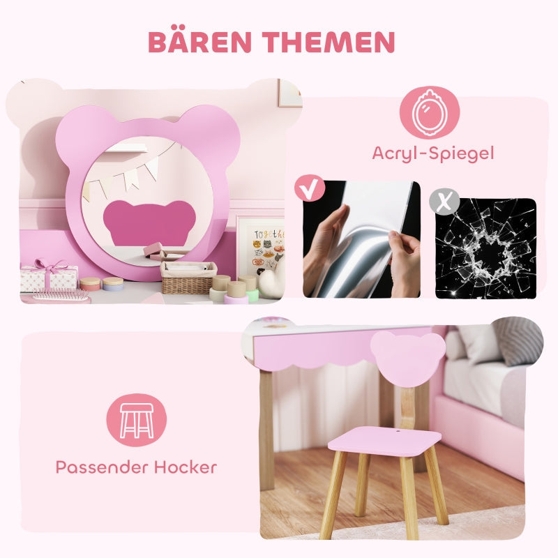 AIYAPLAY Dressing Table Set with Stool, Makeup Mirror, Bear Shape, MDF, Pink