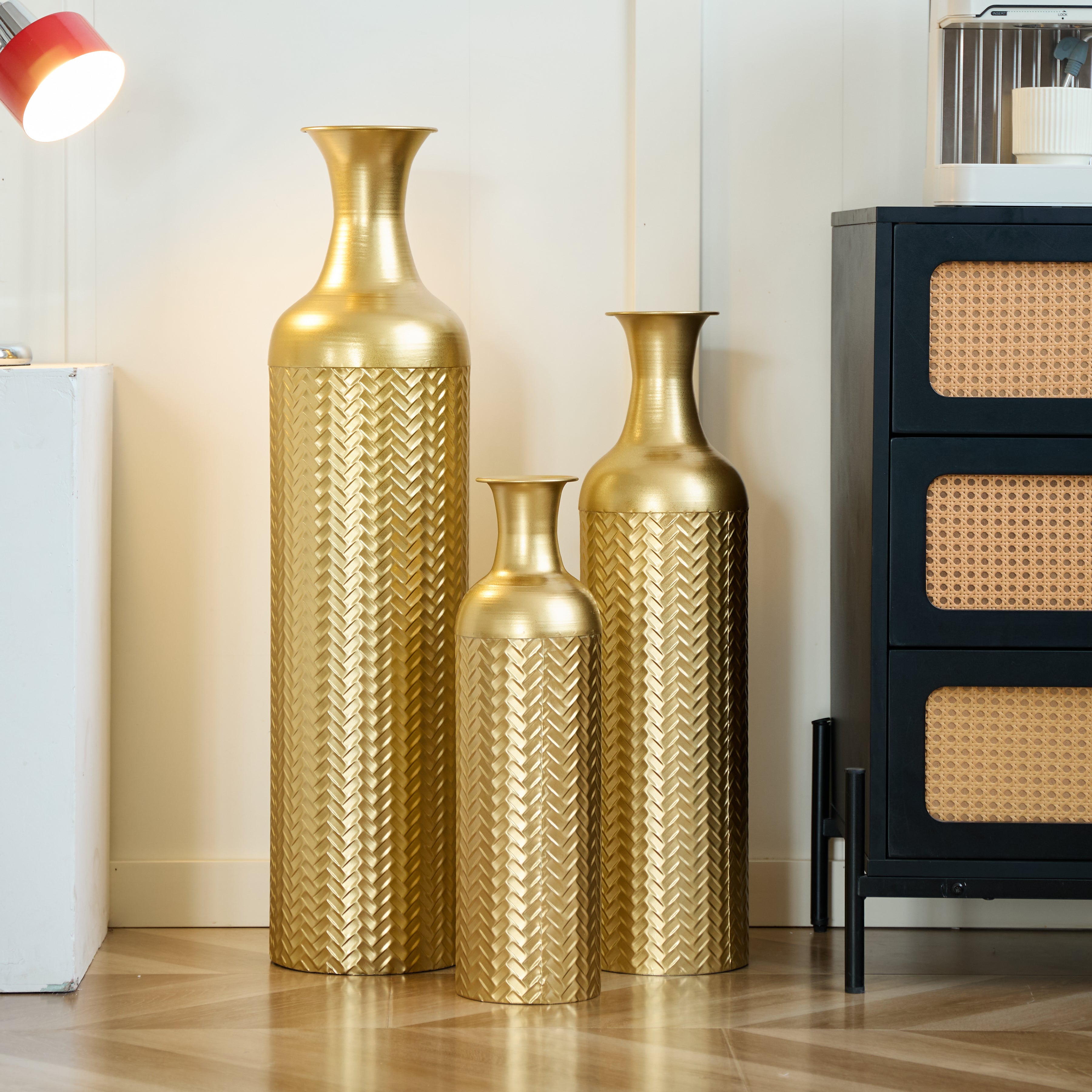Golden Floor Vase Set, 3 Retro Decorative Vases 83/65/50cm High, Metal