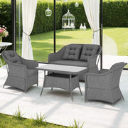 Four-Piece Rattan Set, Glass-Top Table, Light Grey