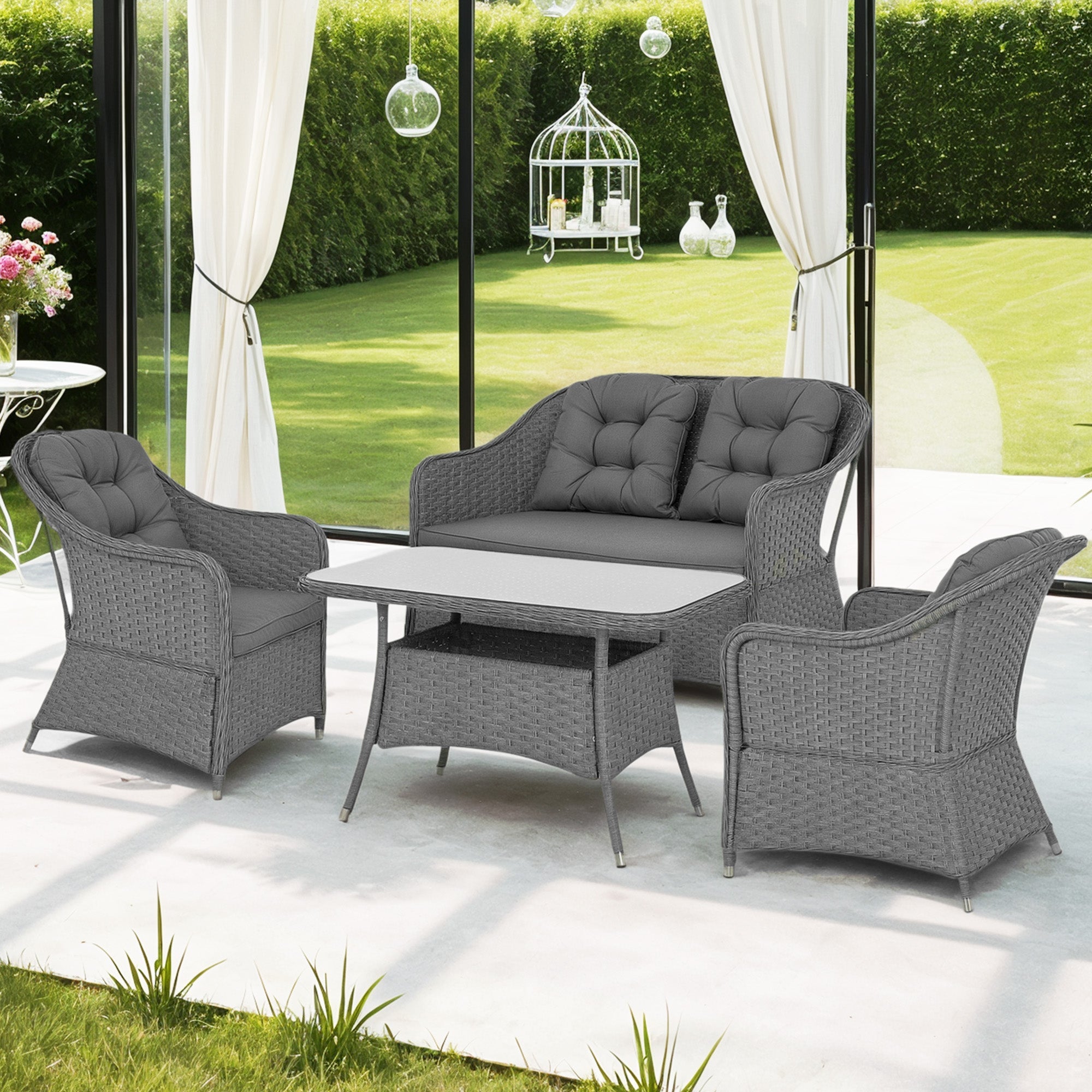 Four-Piece Rattan Set, Glass-Top Table, Light Grey