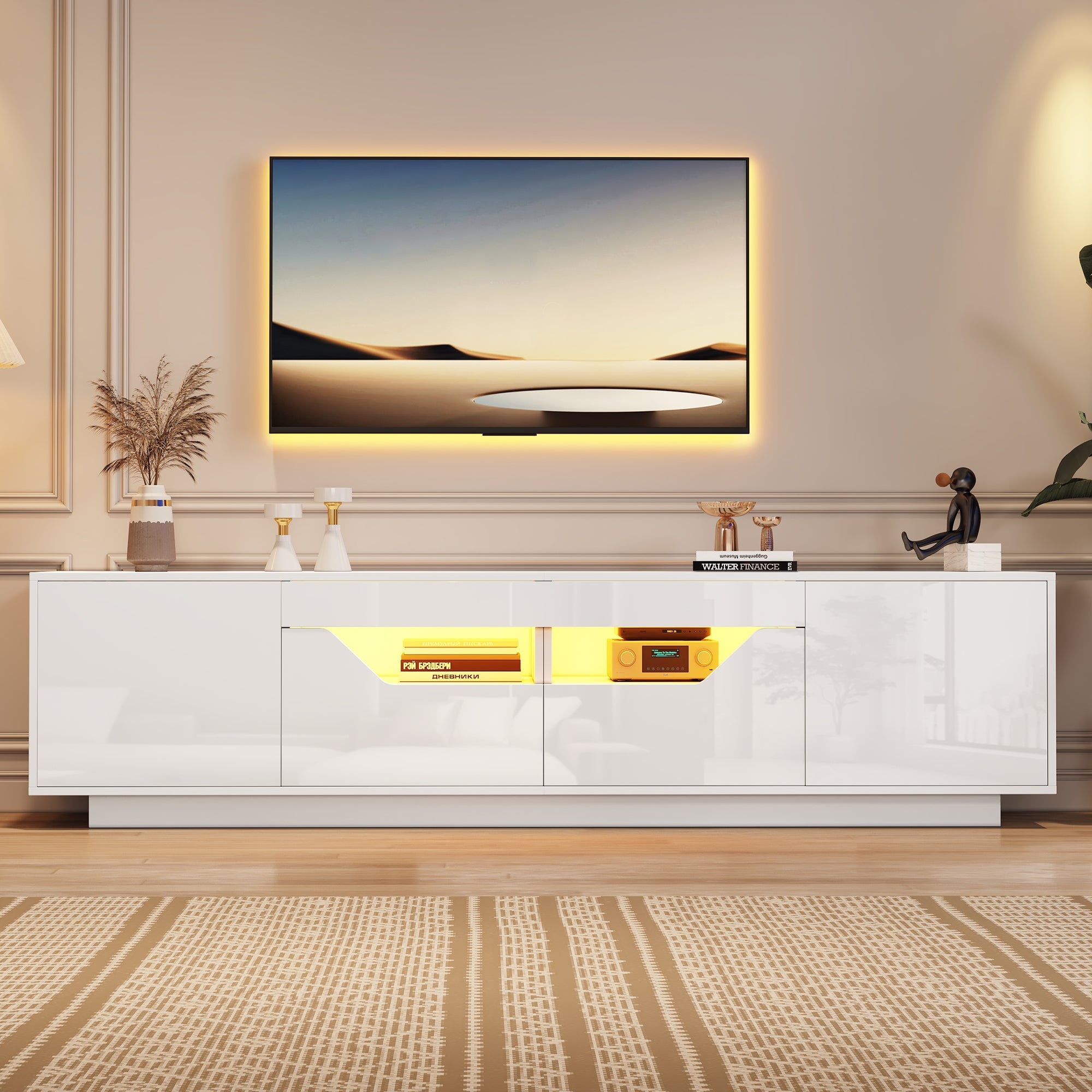 TV Stand Lowboard 180cm 75-inch TV LED Lights High-Gloss White
