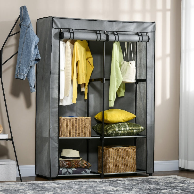 Steel Frame Fabric Wardrobe with Rail and Shelves, Light Grey