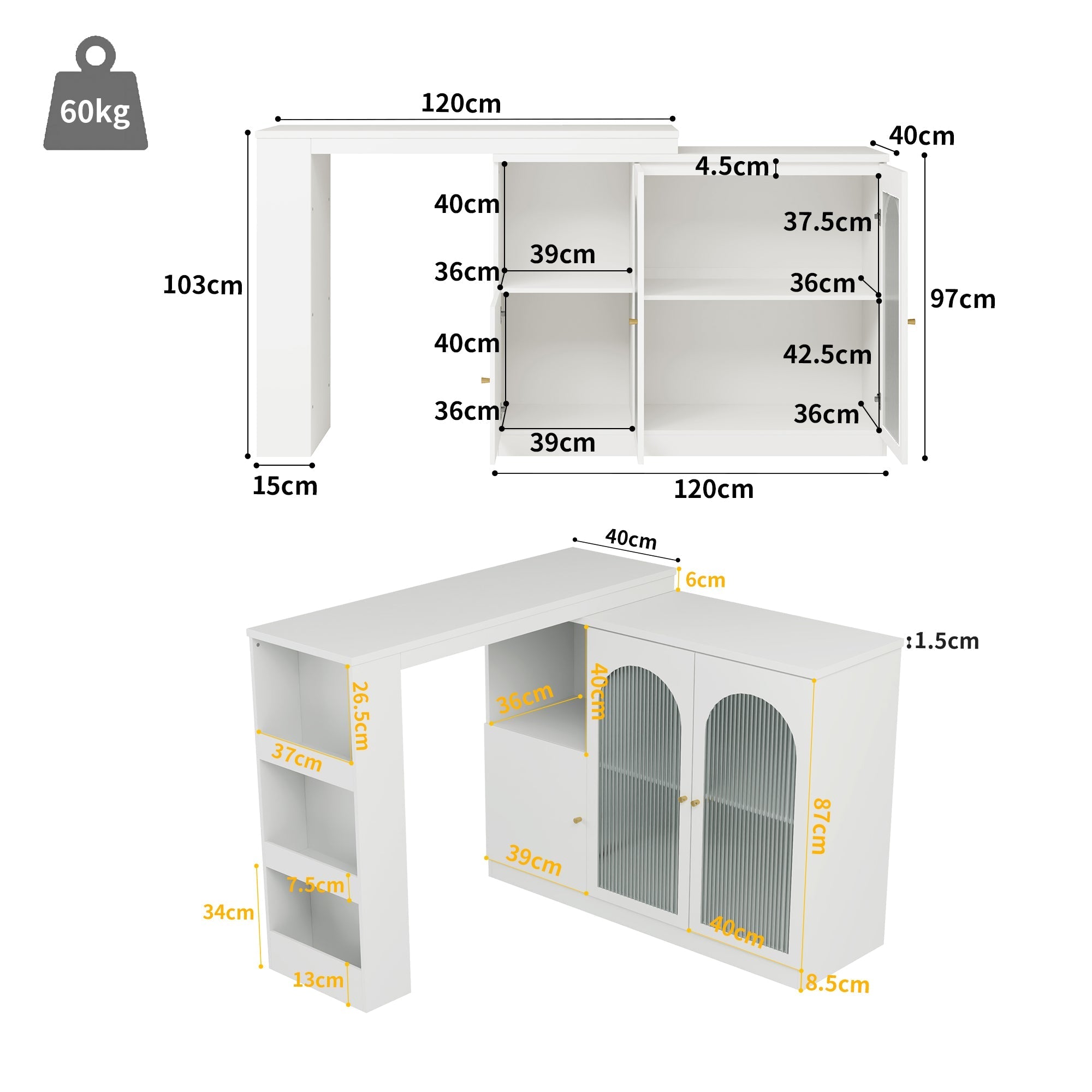 Bar Table, 360° Rotating Dining & Storage Cabinet with Glass Door, White