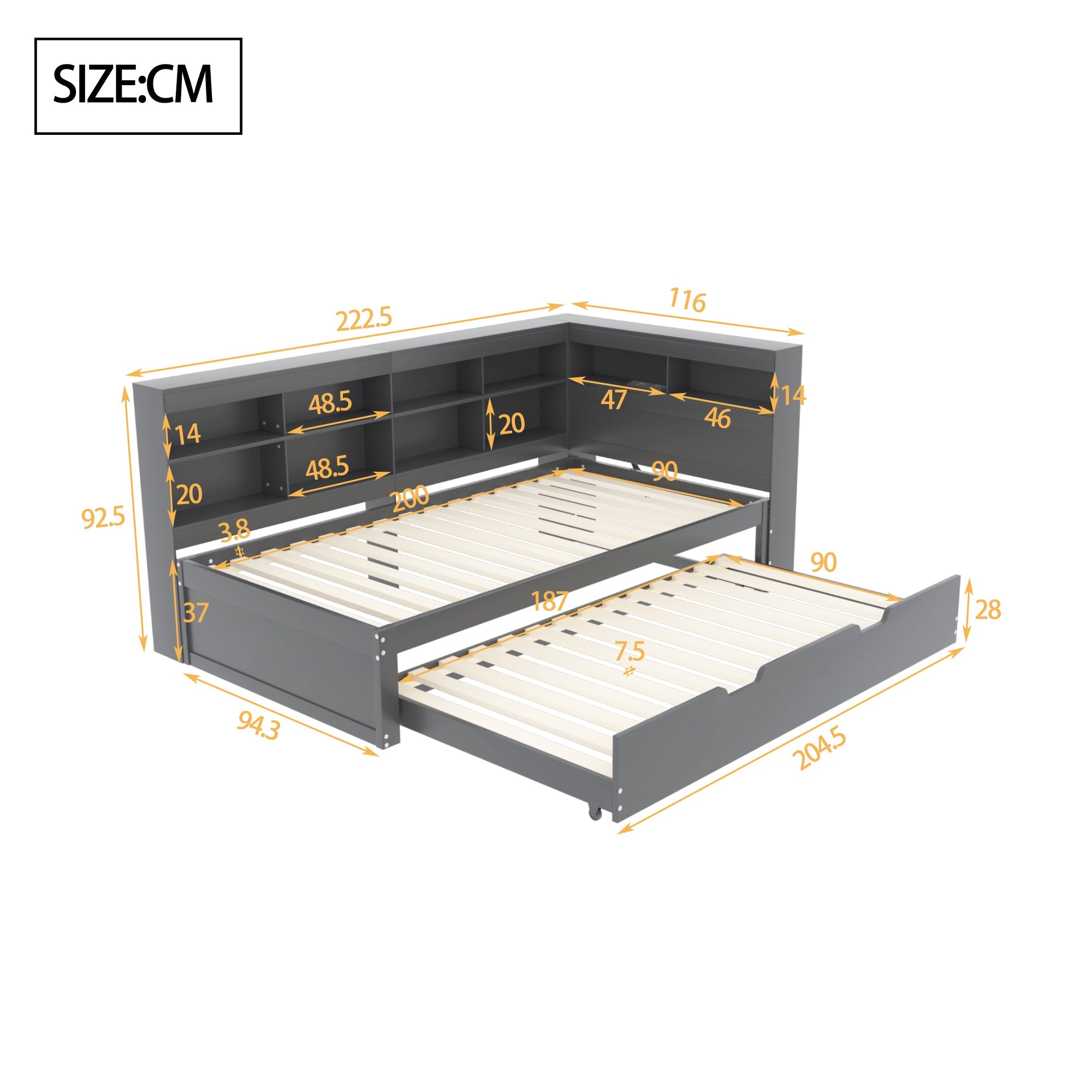 Multifunctional Sofa Bed with Extendable Bed, USB Socket and Storage, Grey Solid Wood