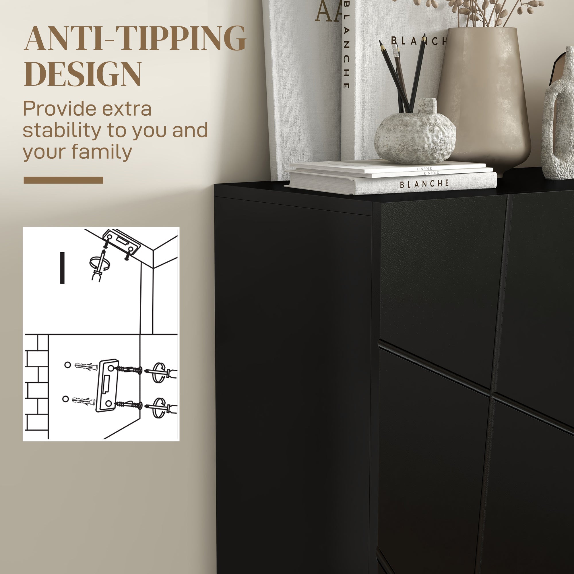 Narrow Shoe Storage Cabinet with Soft-Close Hinges, Adjustable Shelves, Black