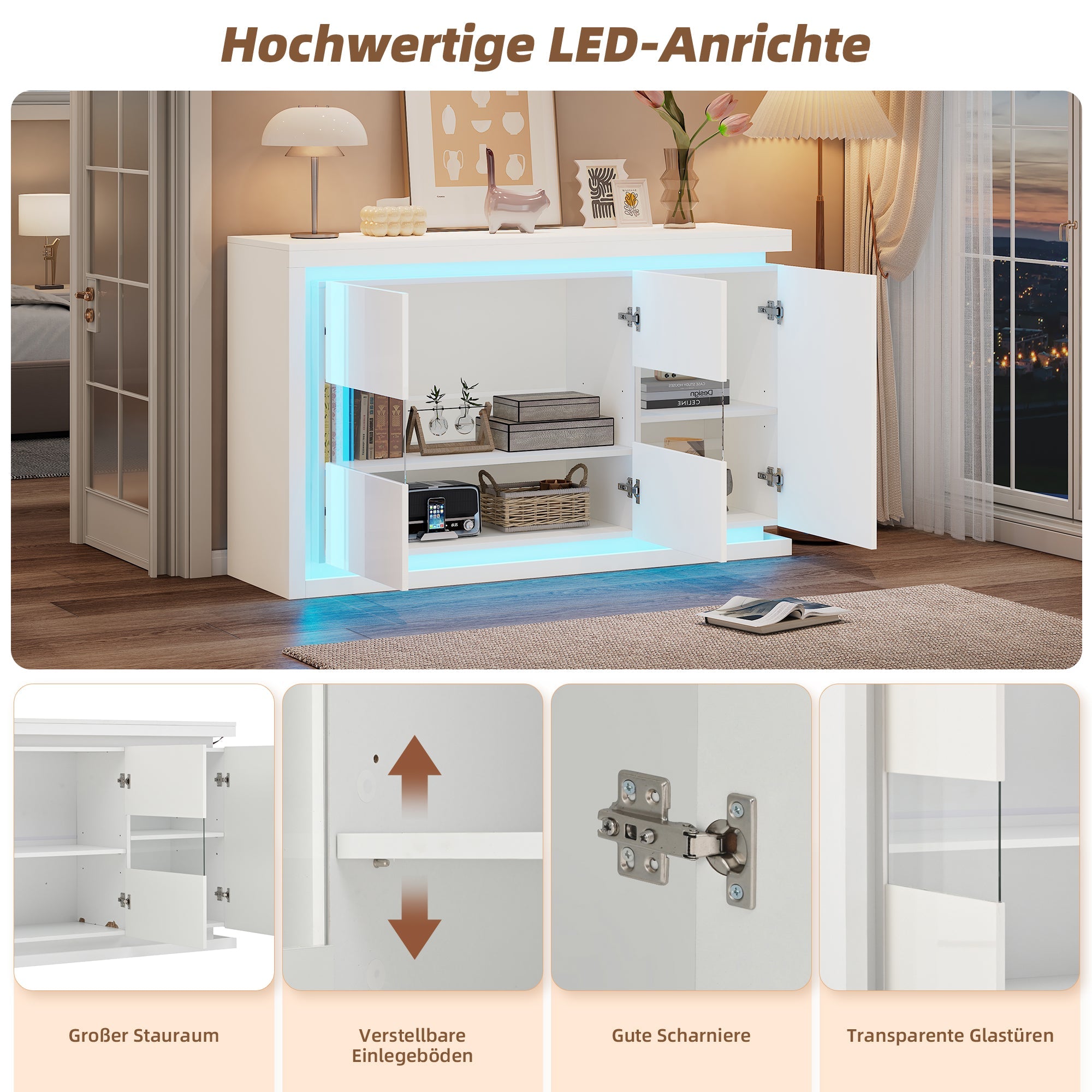 Living Room Cabinet, 140cm, 4 Compartments, High-Gloss, LED, Tempered Glass Doors