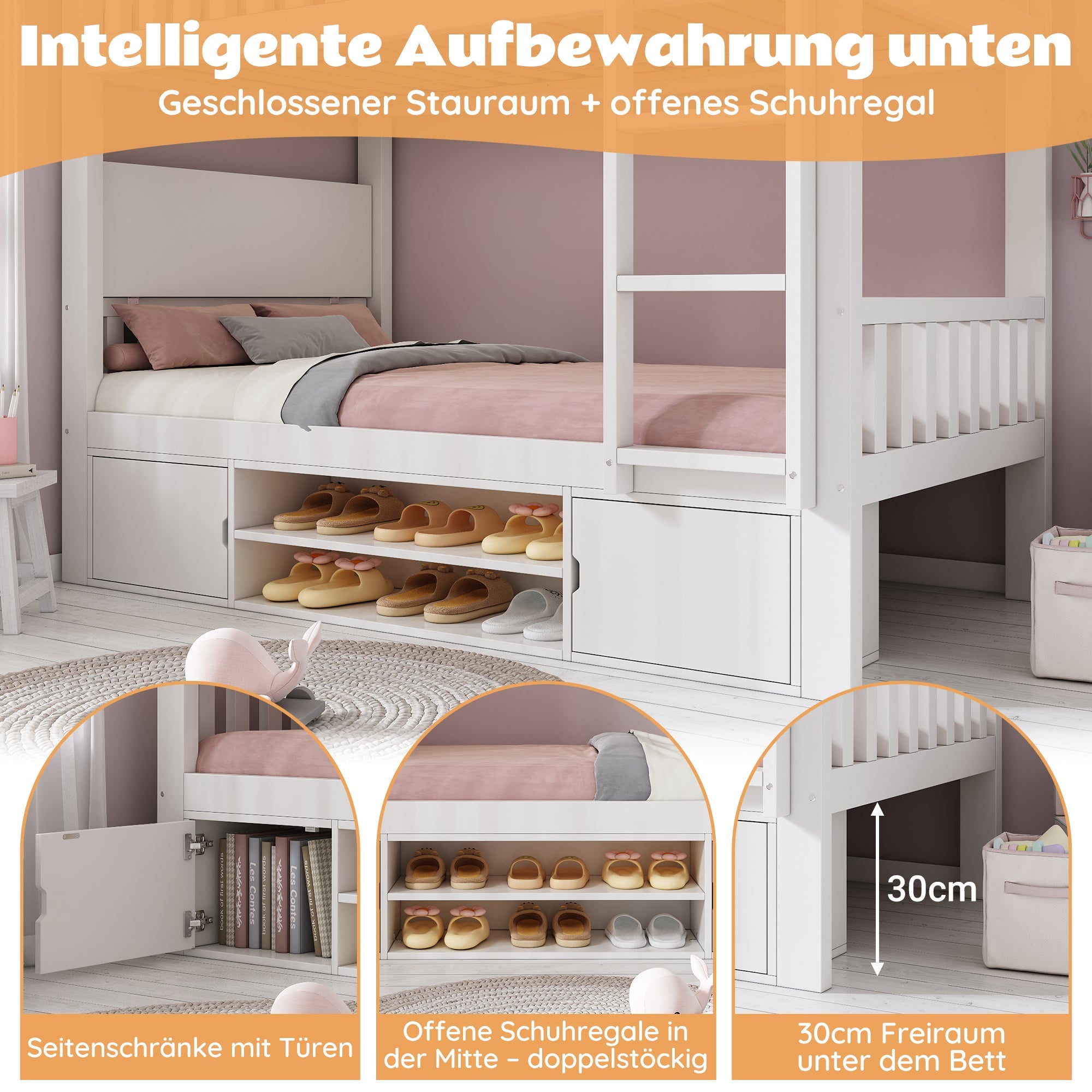 Children's Loft Bed 90x200cm with Fold-down Tabletop and Integrated Shoe Rack, White