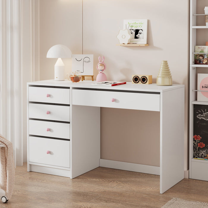 Desk Children's/Computer Dressing Table 5 Drawers Pink Ceramic Handles, White