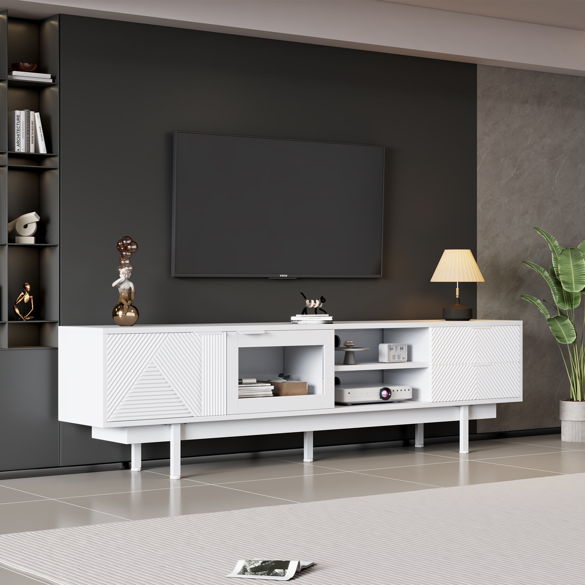TV Cabinet, Modern Simple 80-inch with 2 Doors & 2 Drawers, White