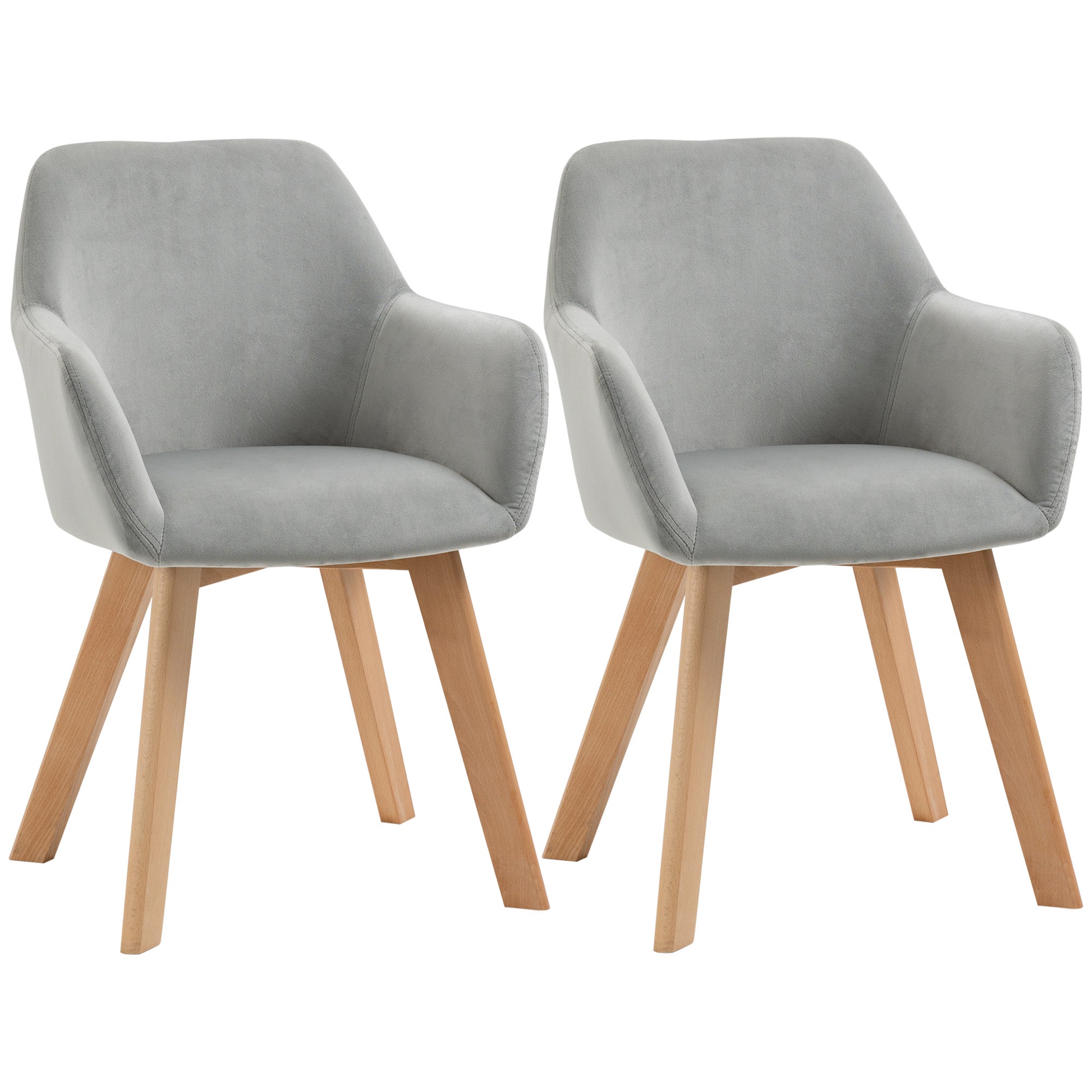 Dining Chairs Set of 2 Kitchen Chairs Armrests Backrest Wooden Legs, Velvet-Look Grey