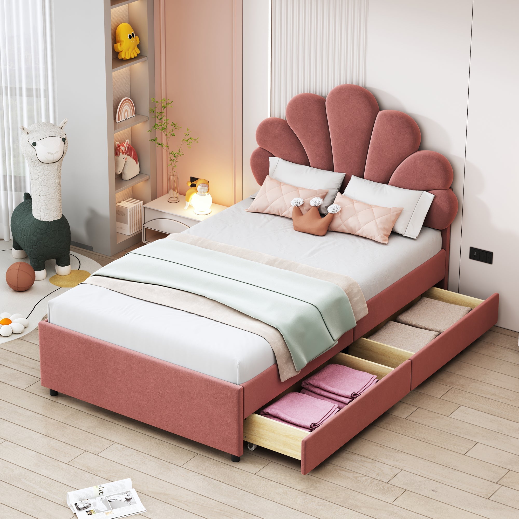 Children's Upholstered Bed 90x200 Floral Headboard Storage Velvet Pink