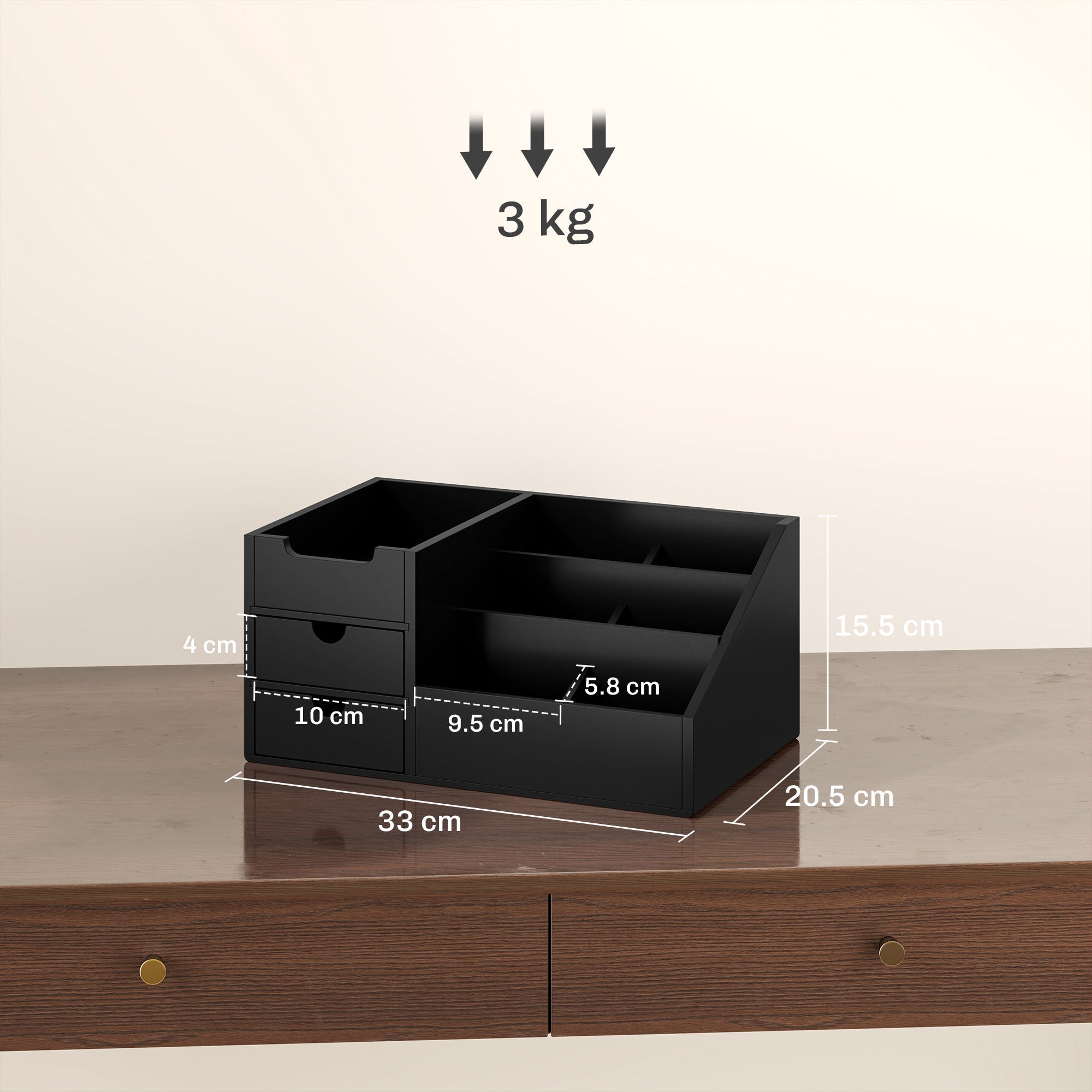 Desk Organiser Holder Multi-Function with 7 Compartments 2 Drawers Bamboo Black